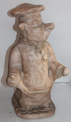 Midcentury Painted Pottery Pig Holding Sign