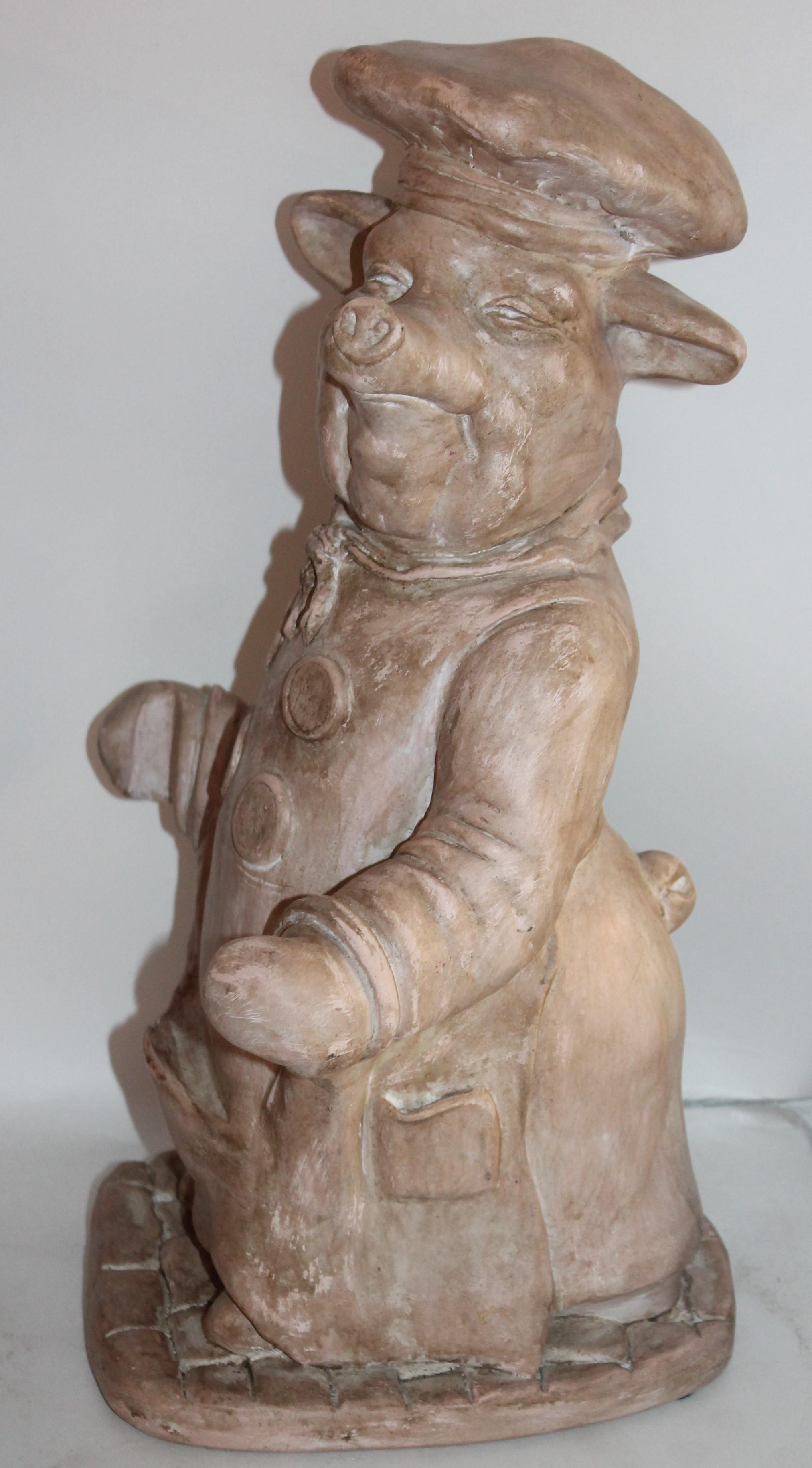 American Midcentury Painted Pottery Pig Holding Sign