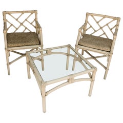 Used Mid Century Painted Rattan 3 Piece Garden Set