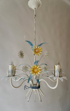 Mid-Century Painted Tôle 5-Arm Light Fixture with Yellow Flowers