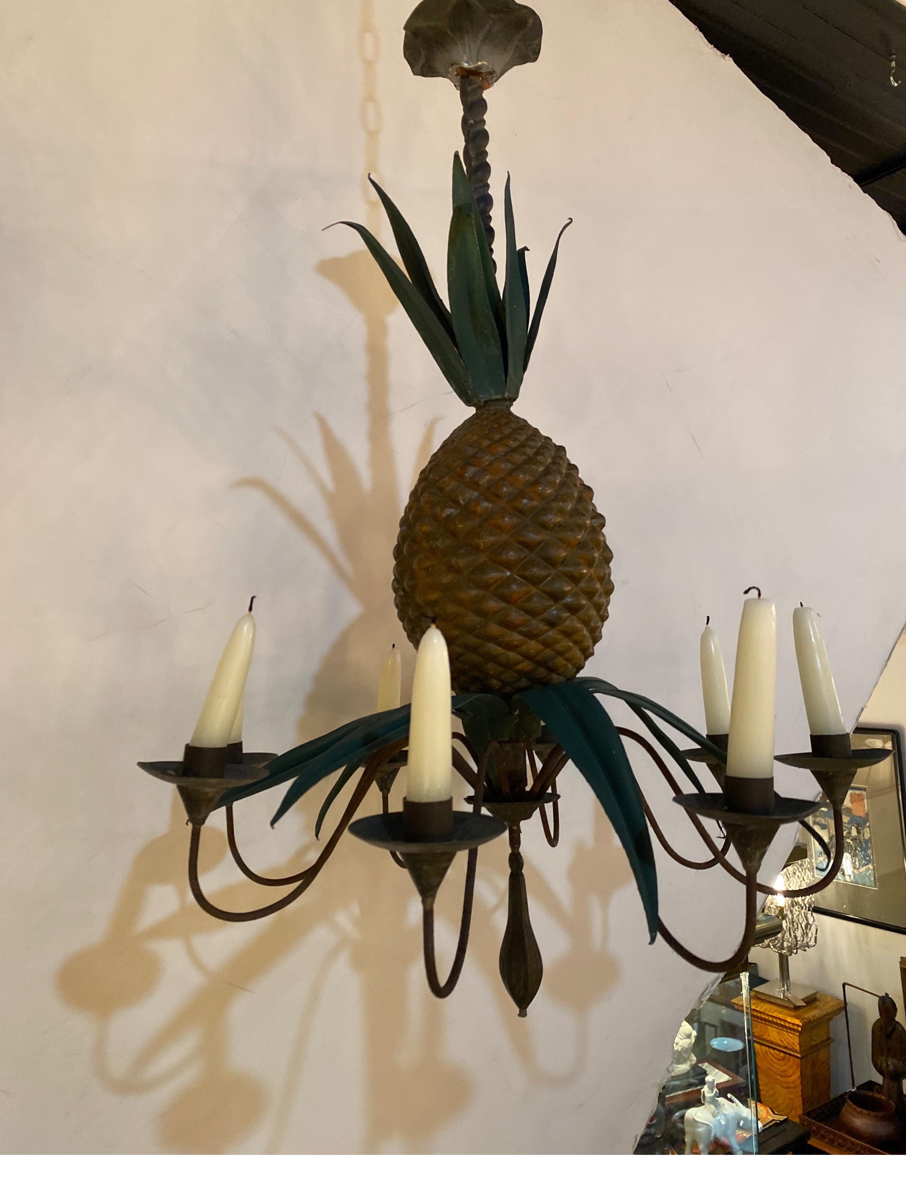 North American Mid Century Painted Tole and Zinc Candle Chandelier For Sale