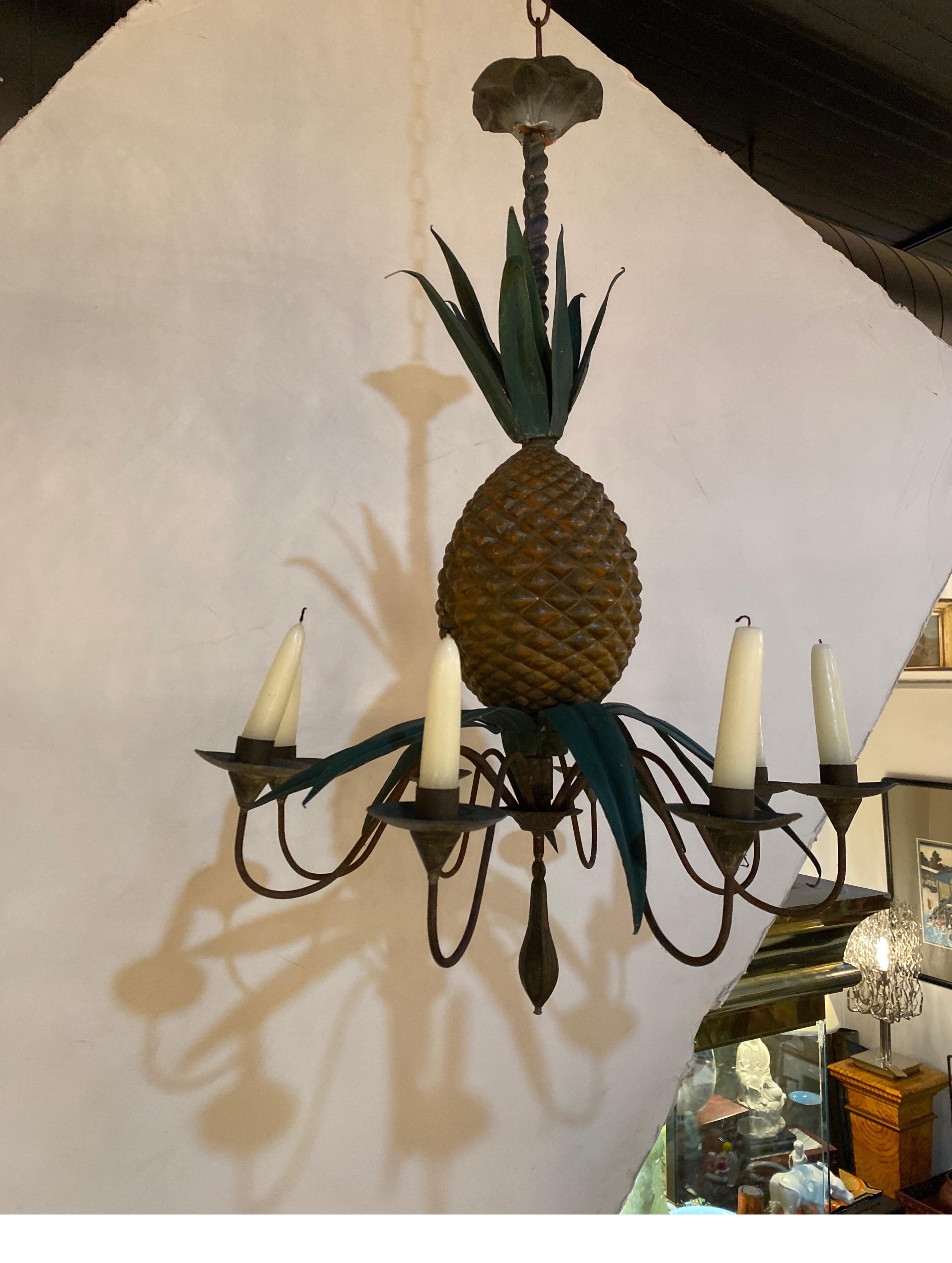 Mid Century Painted Tole and Zinc Candle Chandelier In Good Condition For Sale In Lambertville, NJ