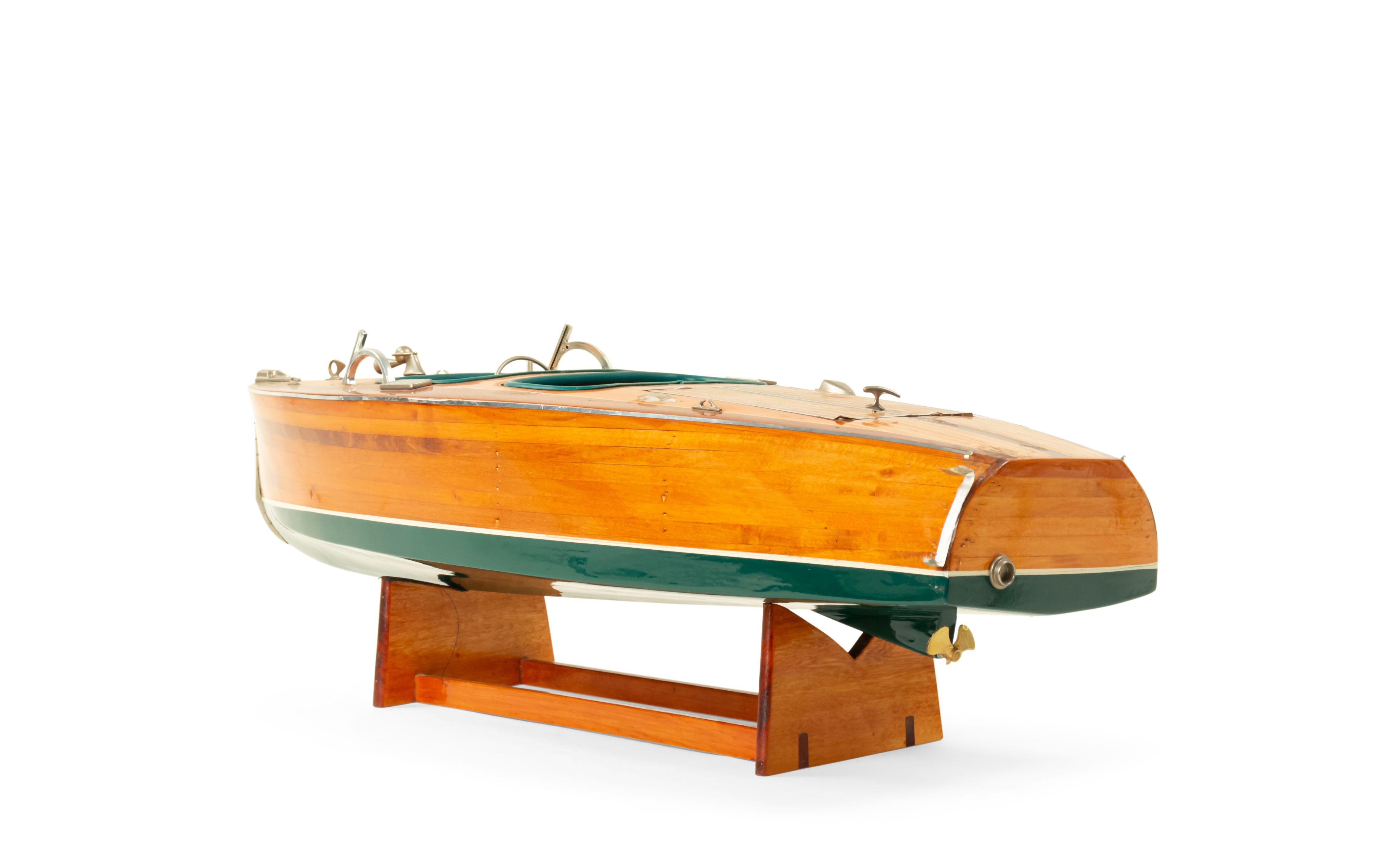 Country Mid-Century Painted Wooden Motorboat Model