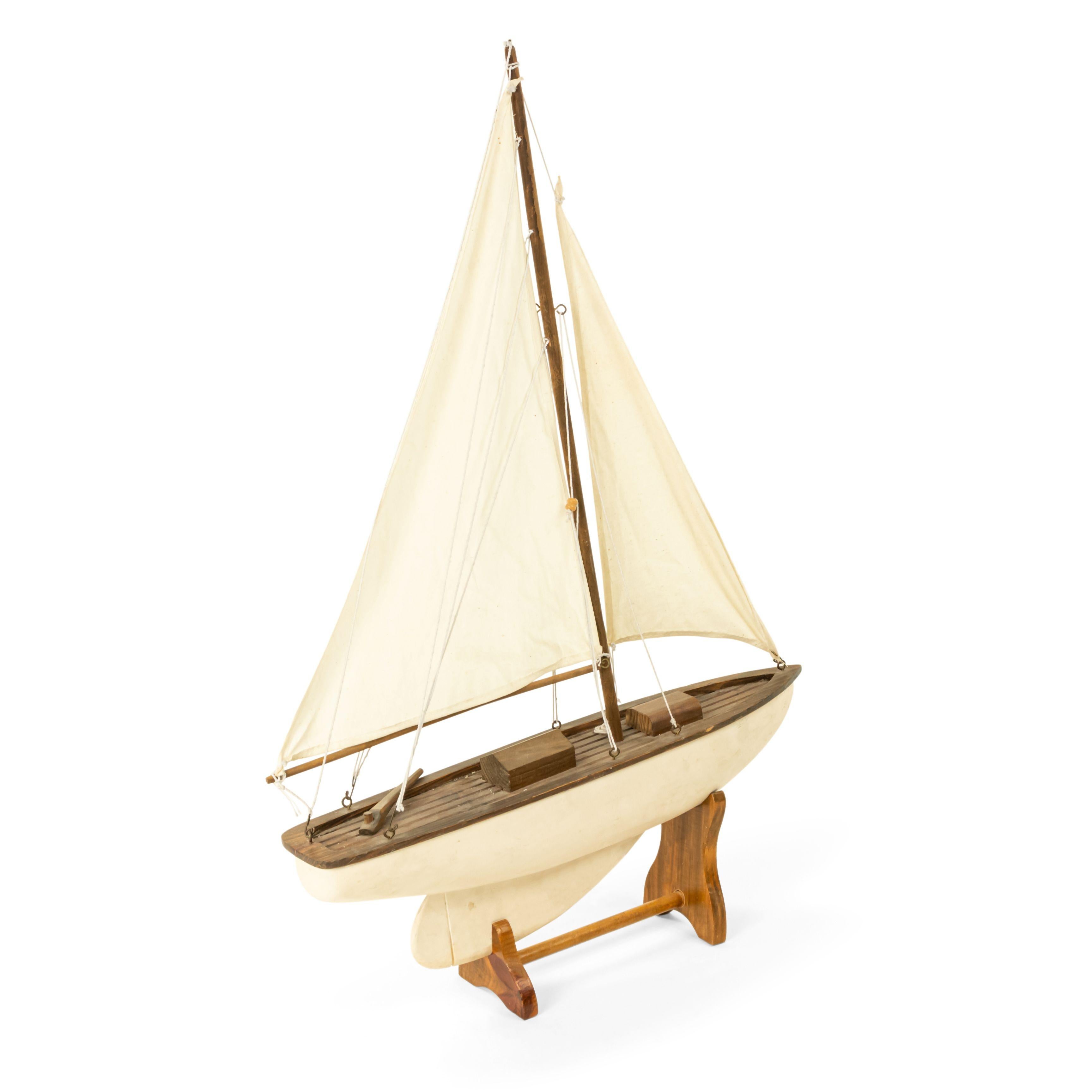 Country Mid-Century Painted Wooden Sailboat Model For Sale