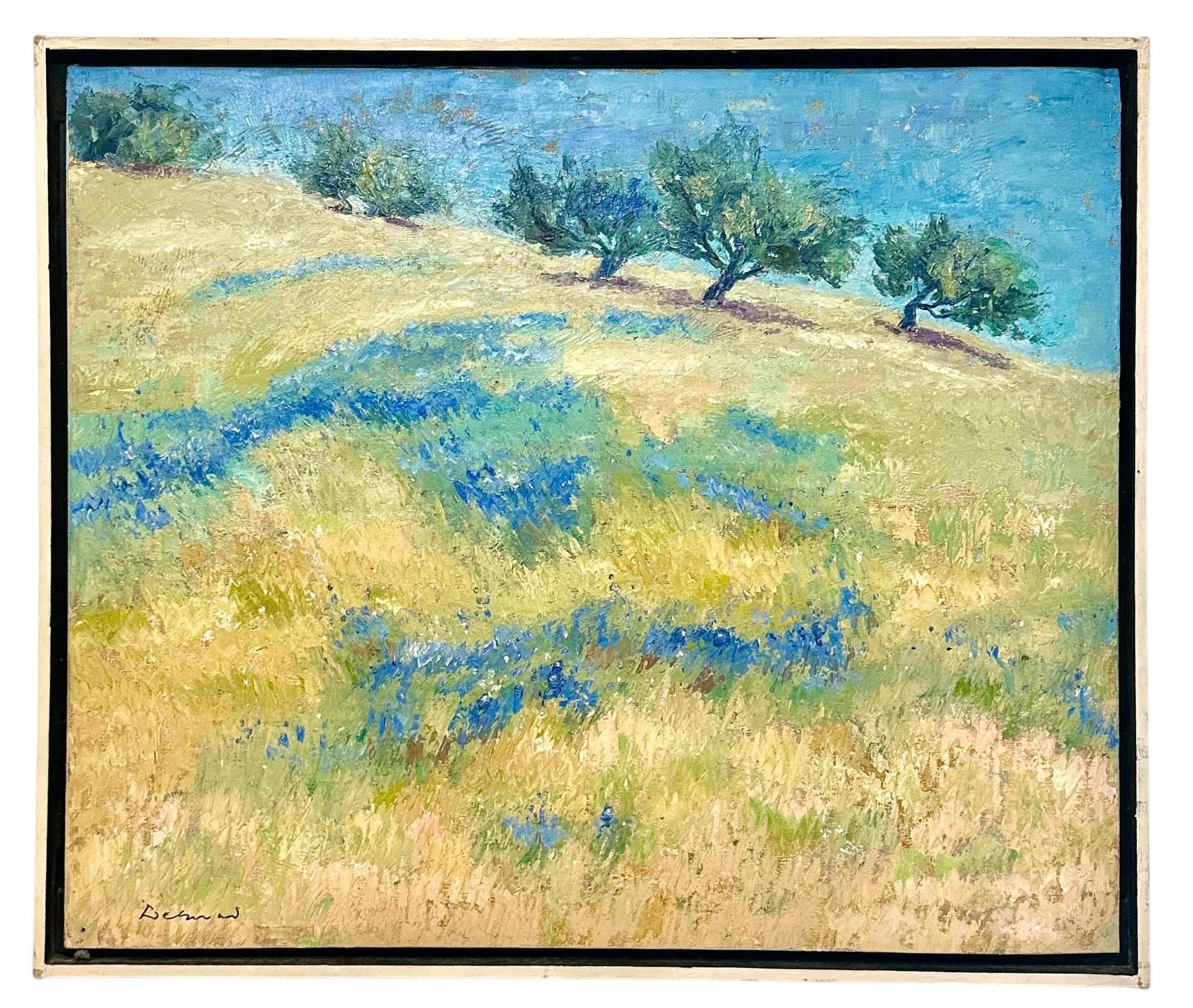 A vibrant and classic Texas landscape painted in oil on board, featuring a sweeping field of blooming bluebonnets under a wide, open sky. This mid century piece captures the wild beauty of spring in the Hill Country with confident brushwork and a