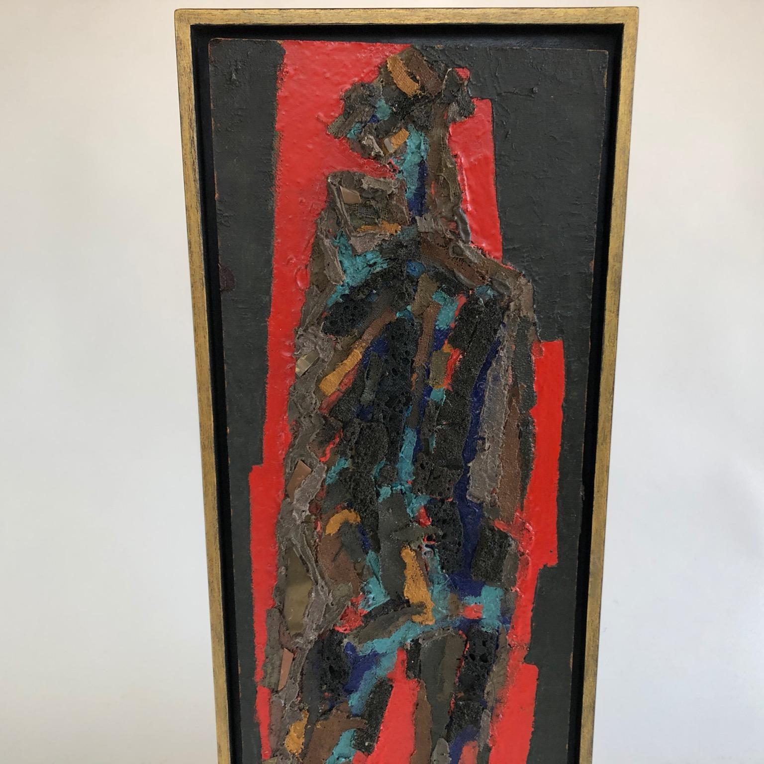 Peinture mixte et collage sur panneau du milieu du siècle représentant une figure debout, par A.C.C. Telepneff, non signé. 
Mailles métalliques, feuilles de laiton et de cuivre ainsi que divers matériaux peints, etc. bord irrégulier, joliment