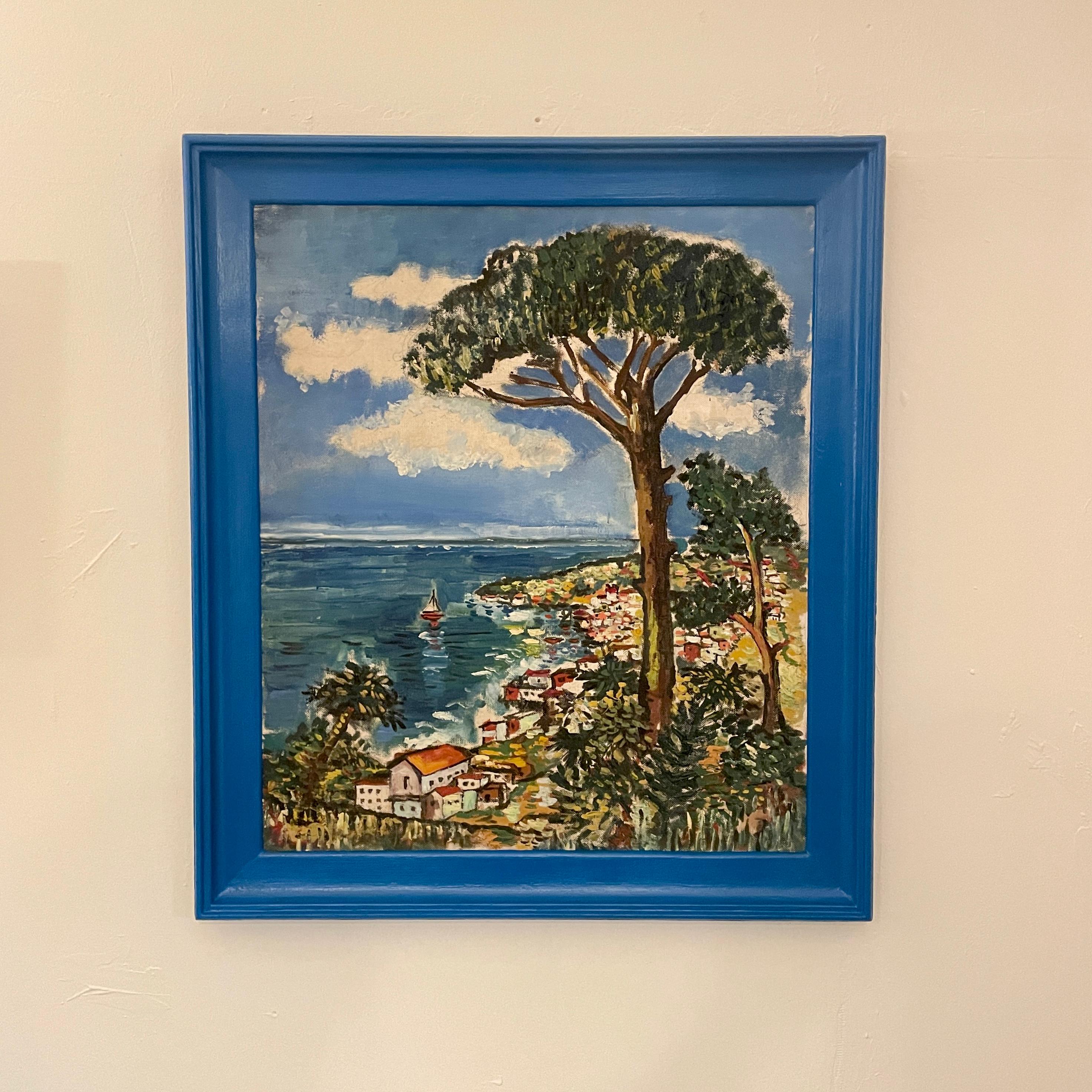 This fantastic mid century painting French of the Cote d'Azur in a Blue Frame, was painted around 1960.
It has a great look and you can instantly dive into that French summer feeling.
A unique piece which is a great eye-catcher for your antique,