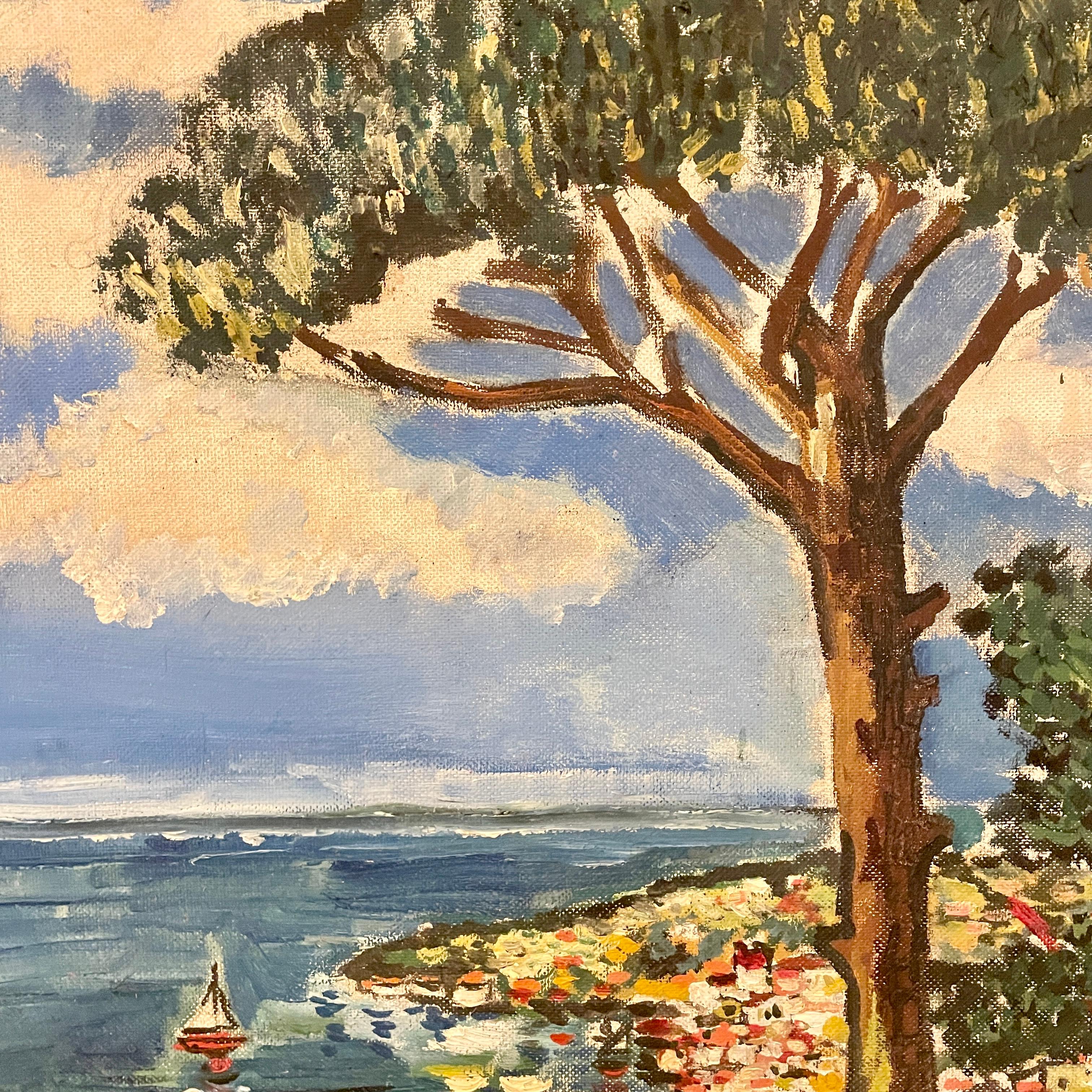 Mid Century Painting French of the Cote d'Azur in a Blue Frame, Around 1960 In Good Condition For Sale In Berlin, DE