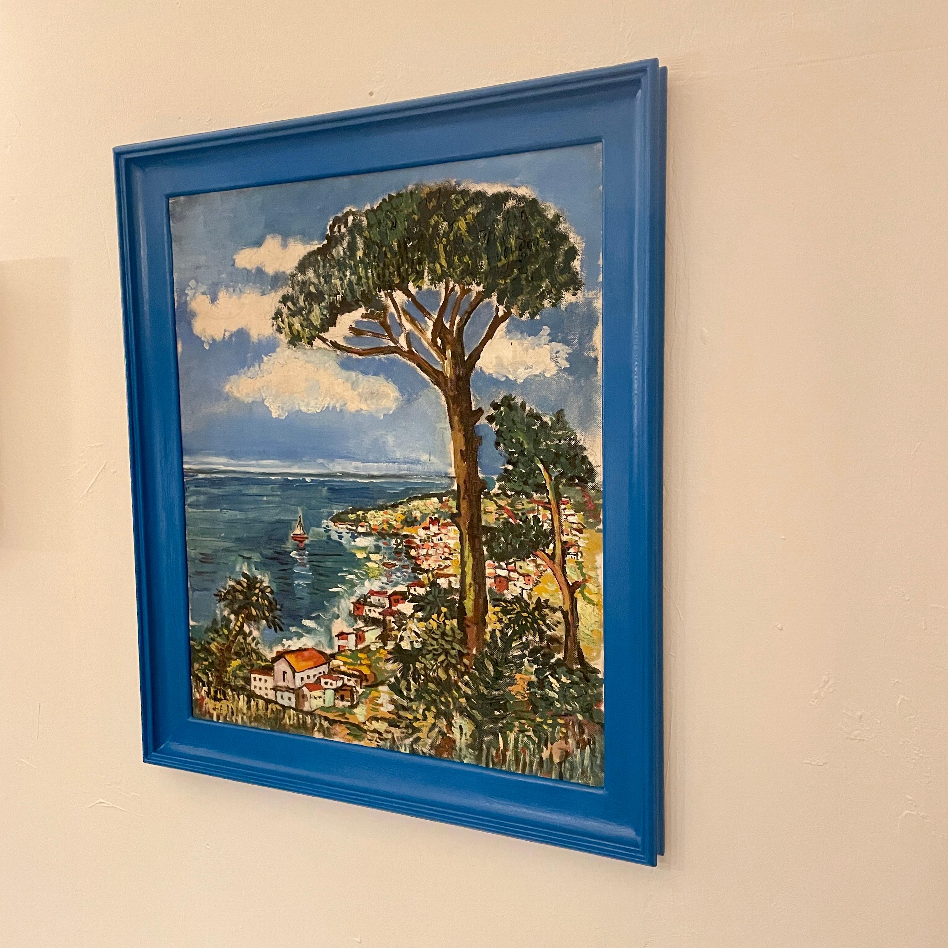Mid-20th Century Mid Century Painting French of the Cote d'Azur in a Blue Frame, Around 1960 For Sale
