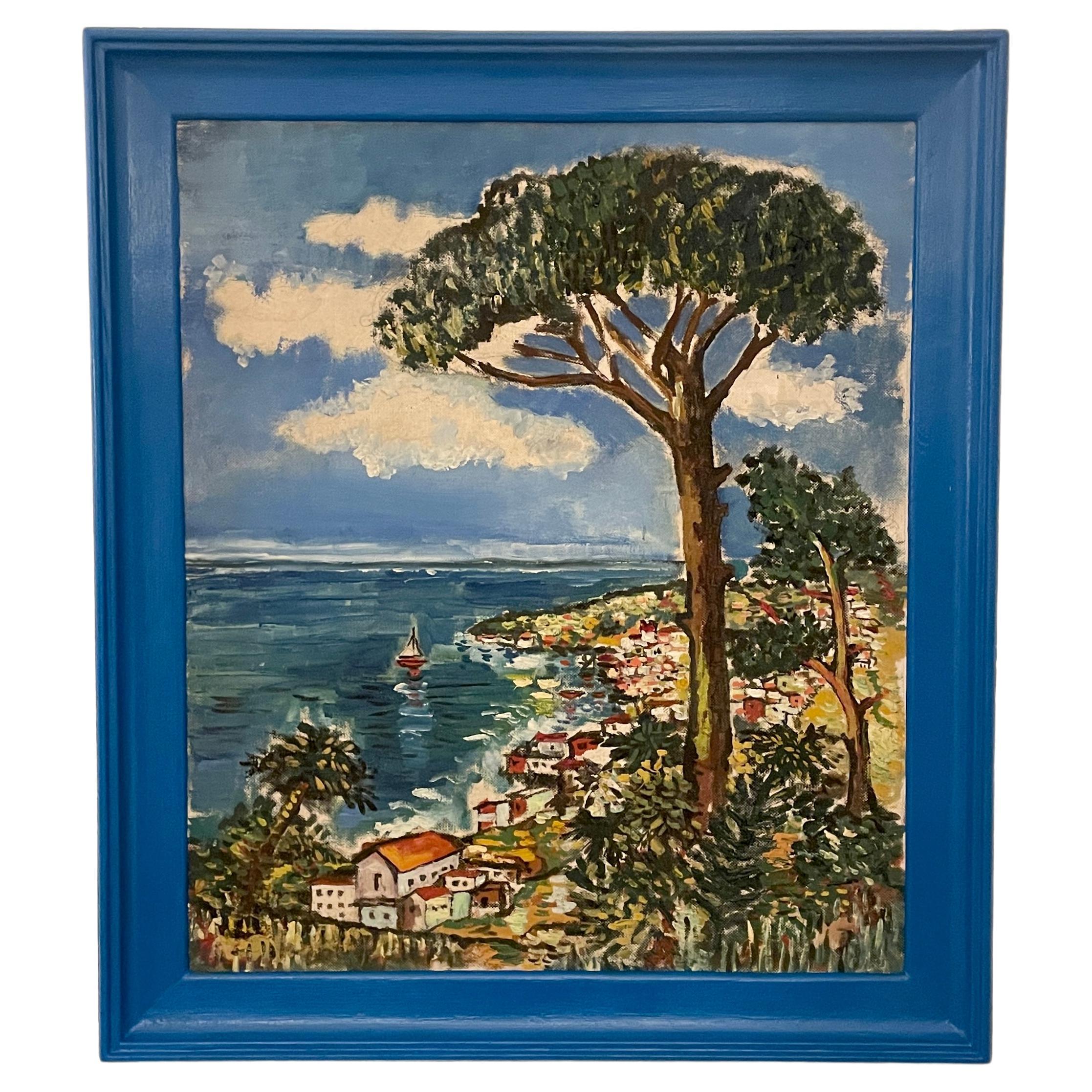 Peinture française du milieu du siècle représentant la Côte d'Azur dans un cadre bleu, vers 1960