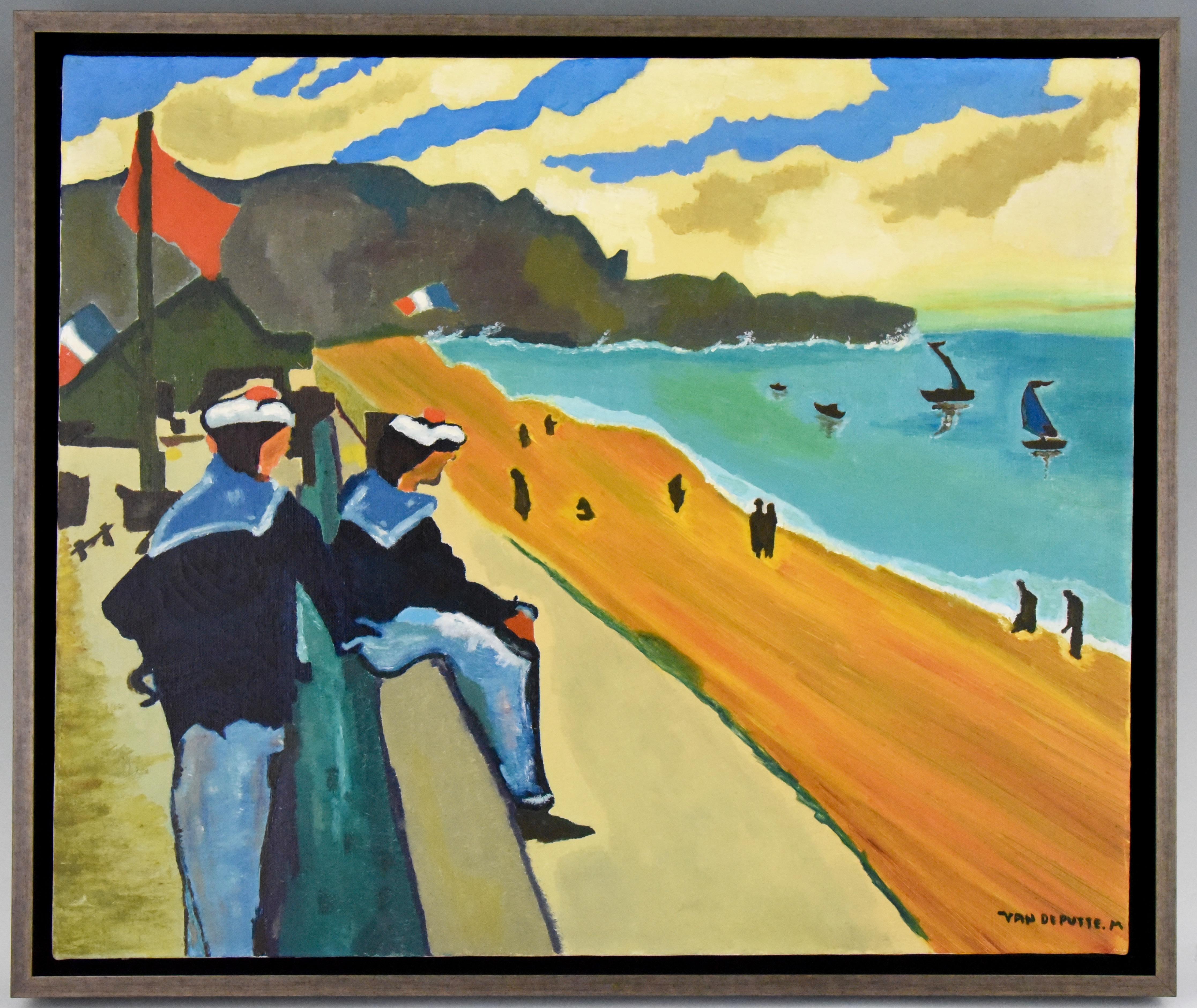 Colorful midcentury painting of the French Rivière. Two sailors on the boulevard overlooking the beach and the Mediteranian Sea. Signed M. van de Putte, 1960. Framed.