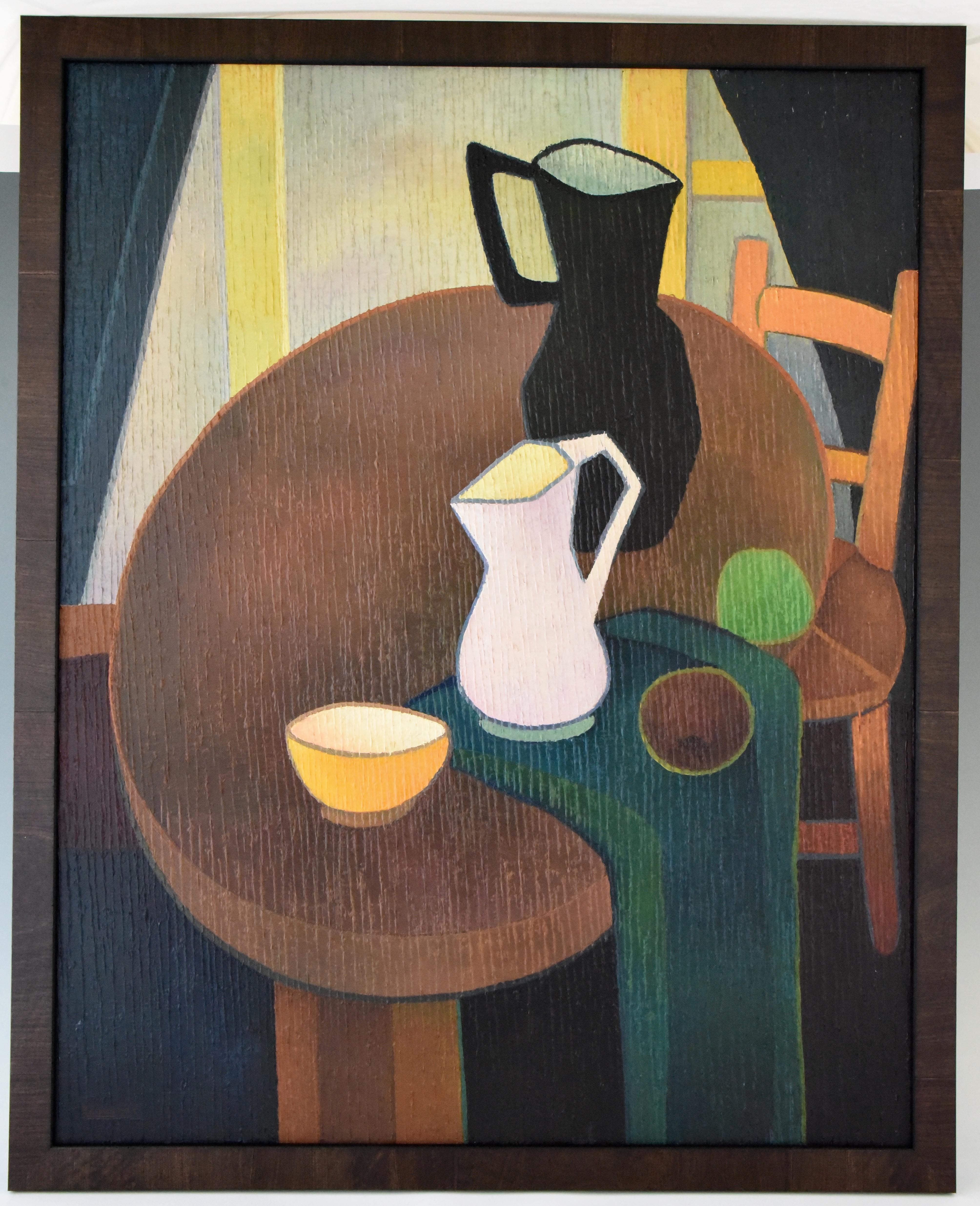 Beautiful midcentury painting of an interior still life.
Two jugs and an apple on a table.
This work is signed by the artist Albert Labachot and has a very special technique with relief stripes in the paint, France, circa 1960.
Size of the