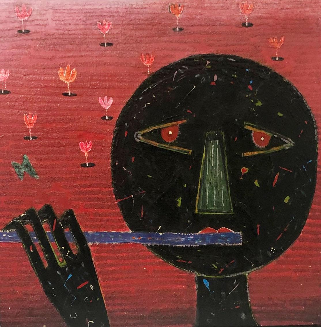 Mid Century Painting of a Flute Player In Good Condition For Sale In Tampa, FL