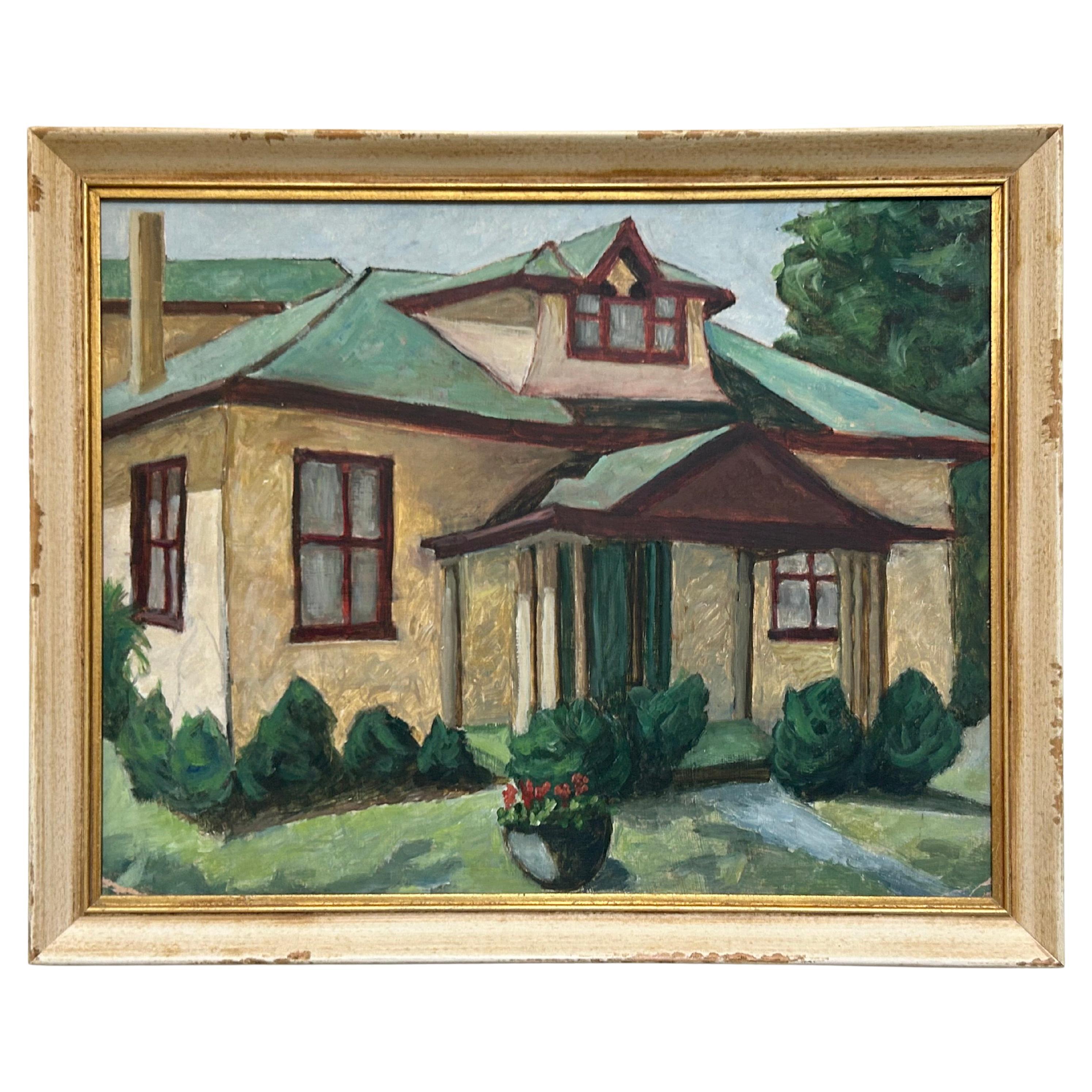Mid-Century Expressionist Acrylic Painting of a House For Sale