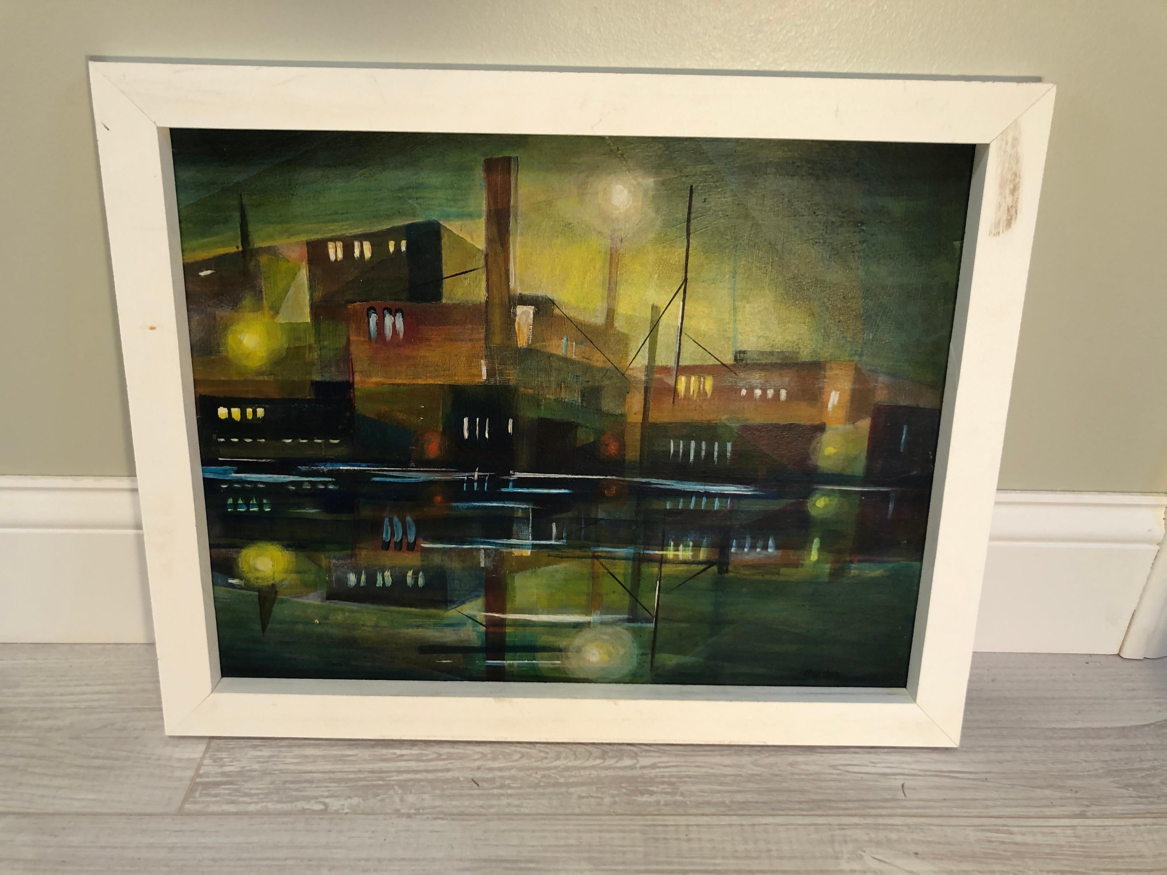 Mid Century Cubist Painting of an Industrial Building. Painting on board and housed in a solid wooden frame. colors include greens, golds, and orange. Nice industrial vibe to this composition.