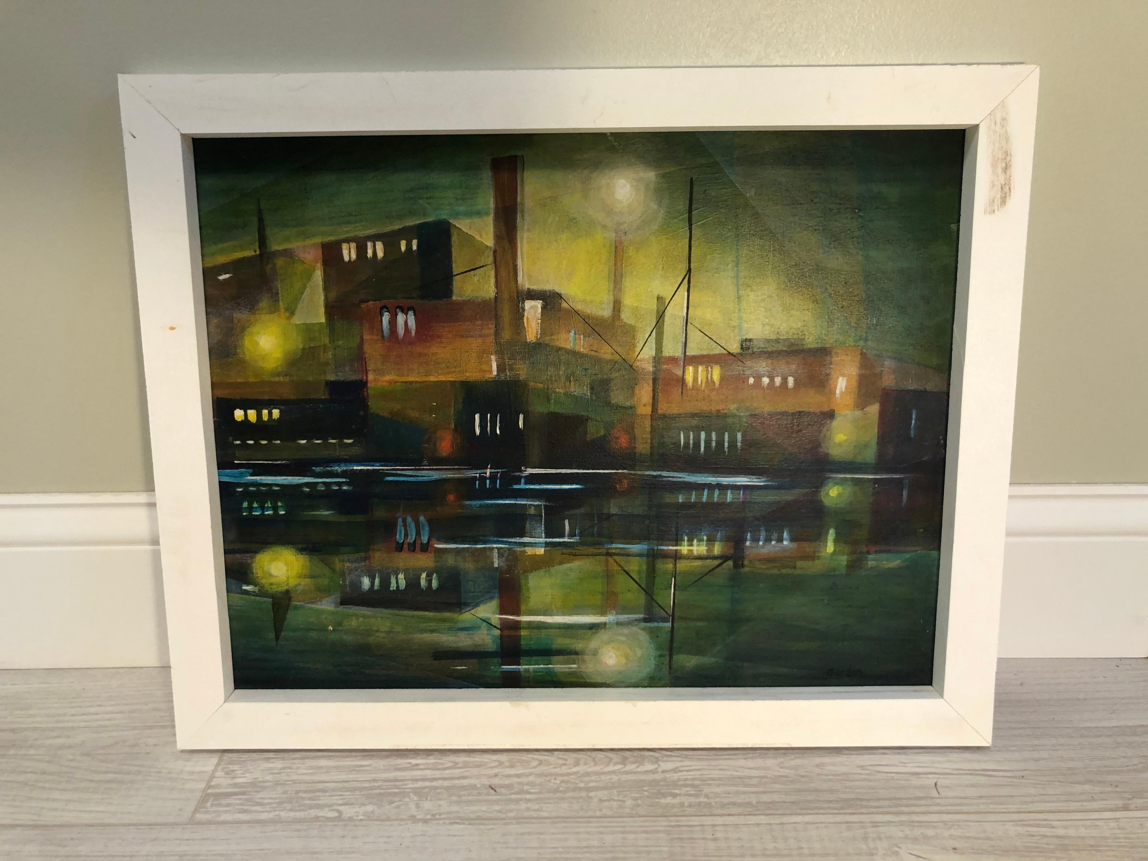 Mid-Century Modern Mid Century Cubist Painting of an Industrial Building For Sale