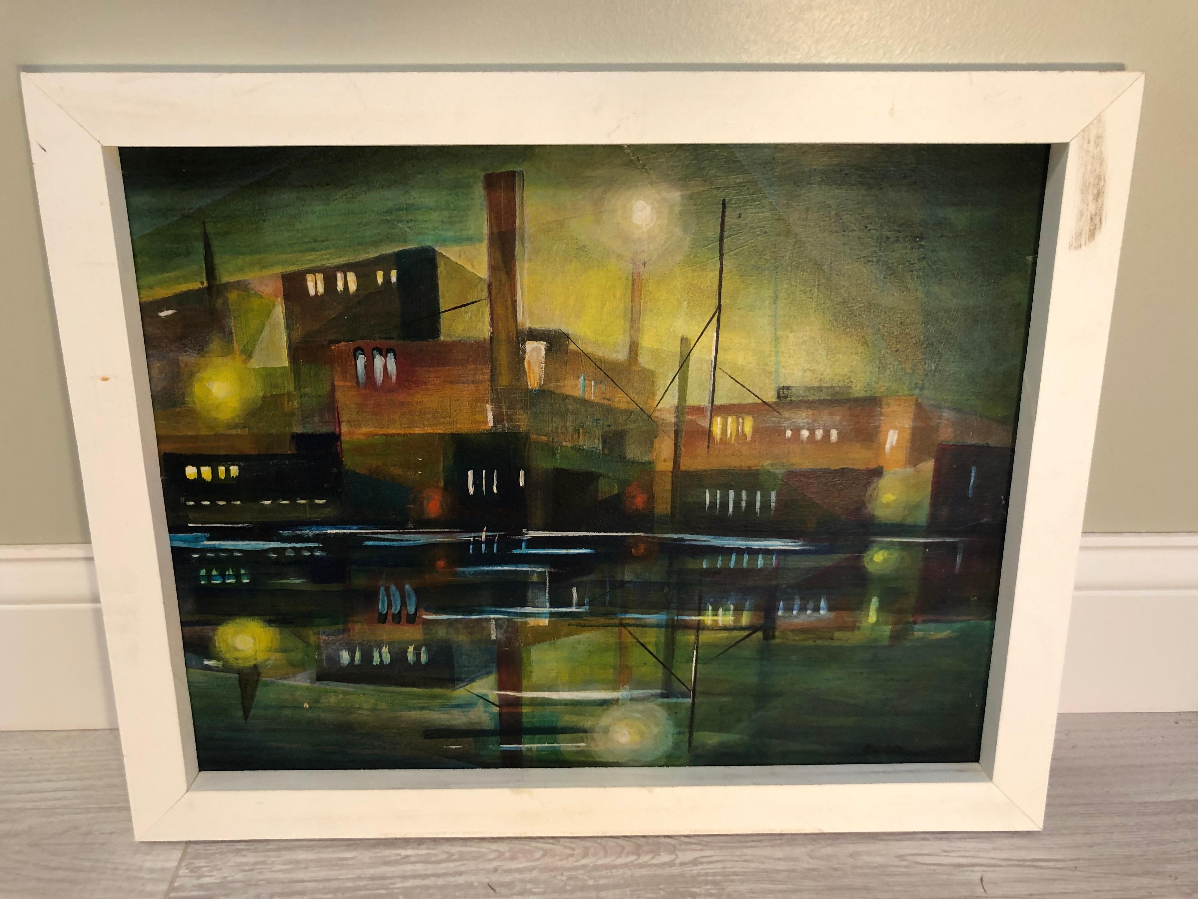Mid Century Cubist Painting of an Industrial Building In Good Condition For Sale In Redding, CT