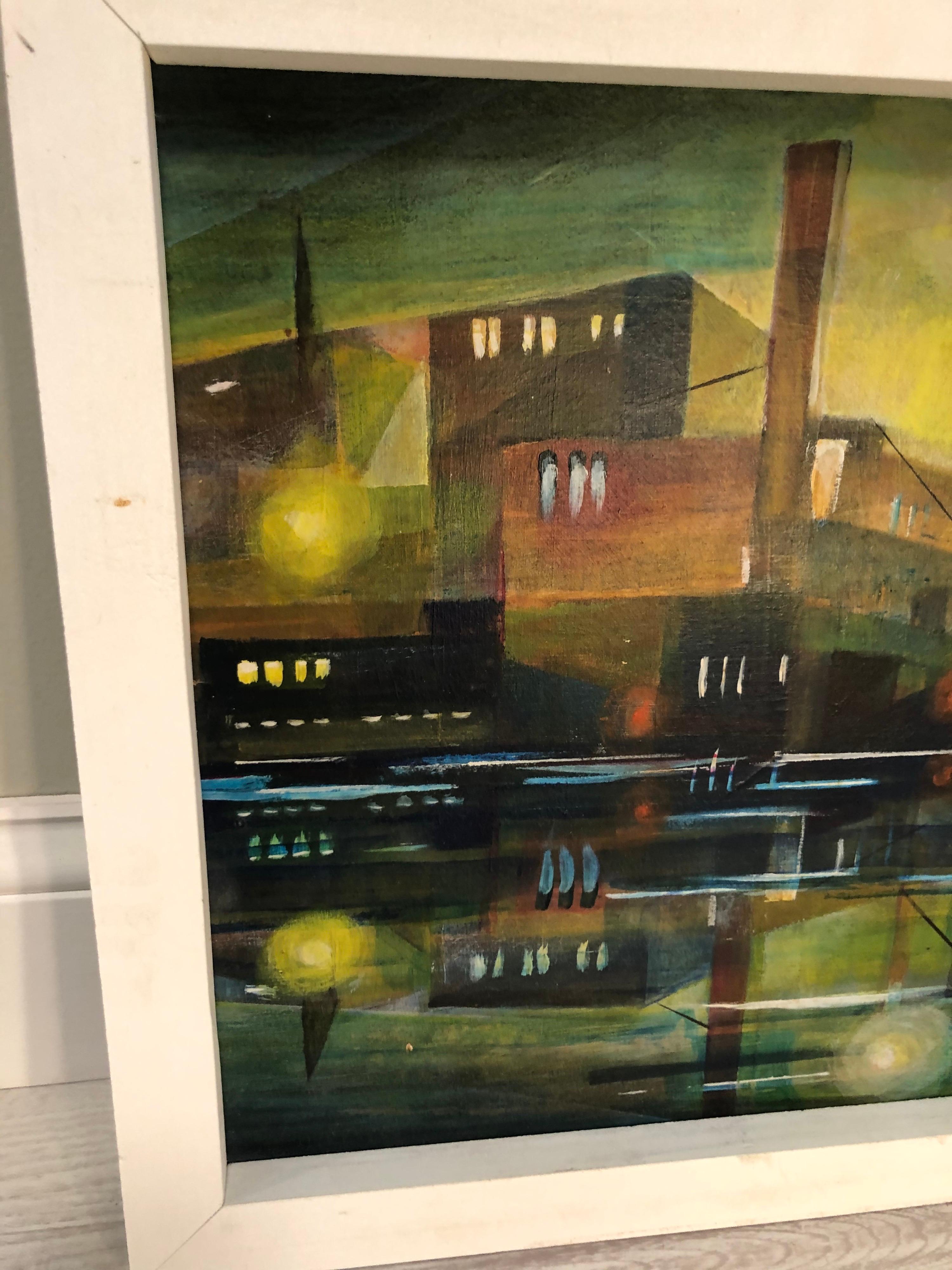 20th Century Mid Century Cubist Painting of an Industrial Building For Sale