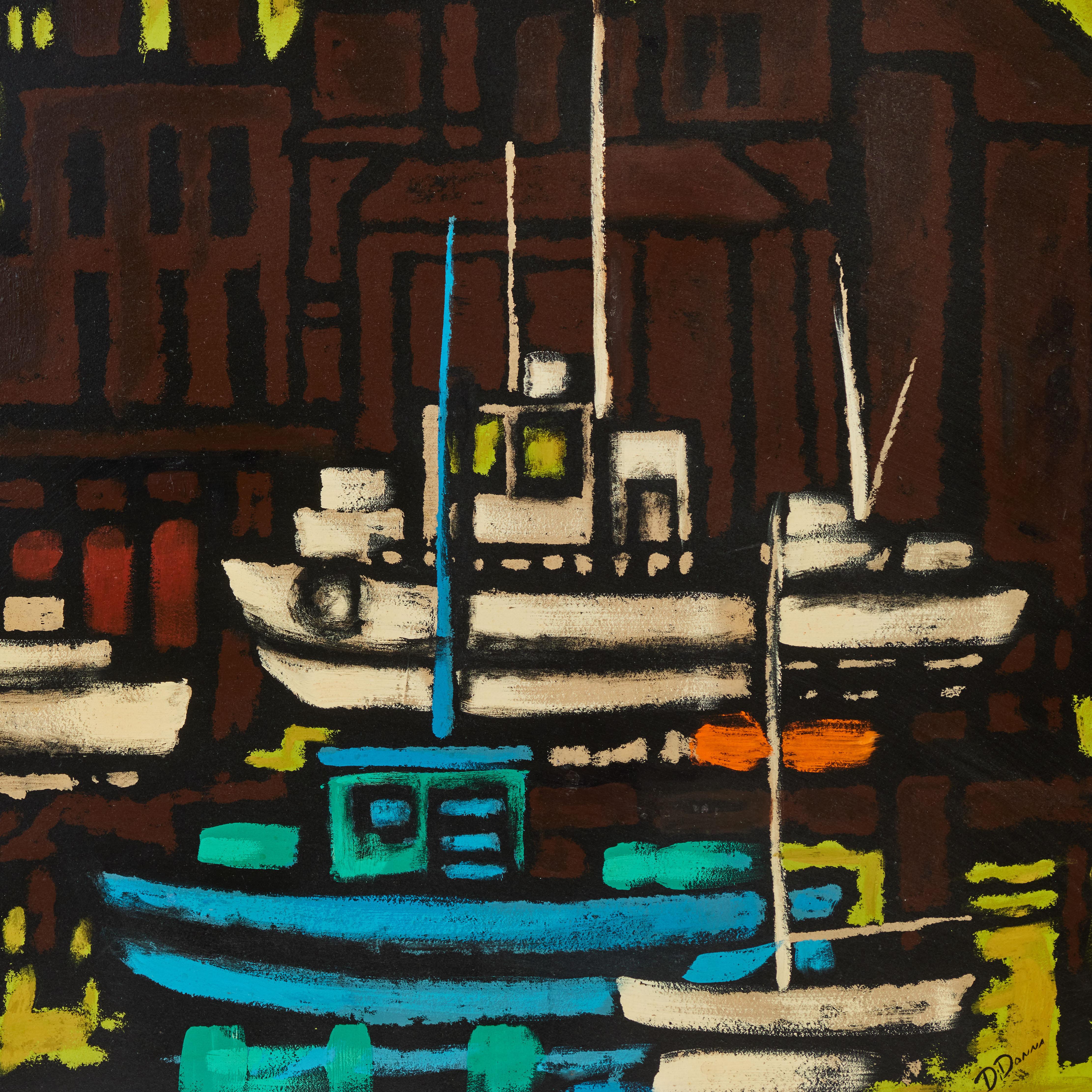 Bold stroked colorful mid century painting of boats in the harbor is signed by the artist and newly framed.