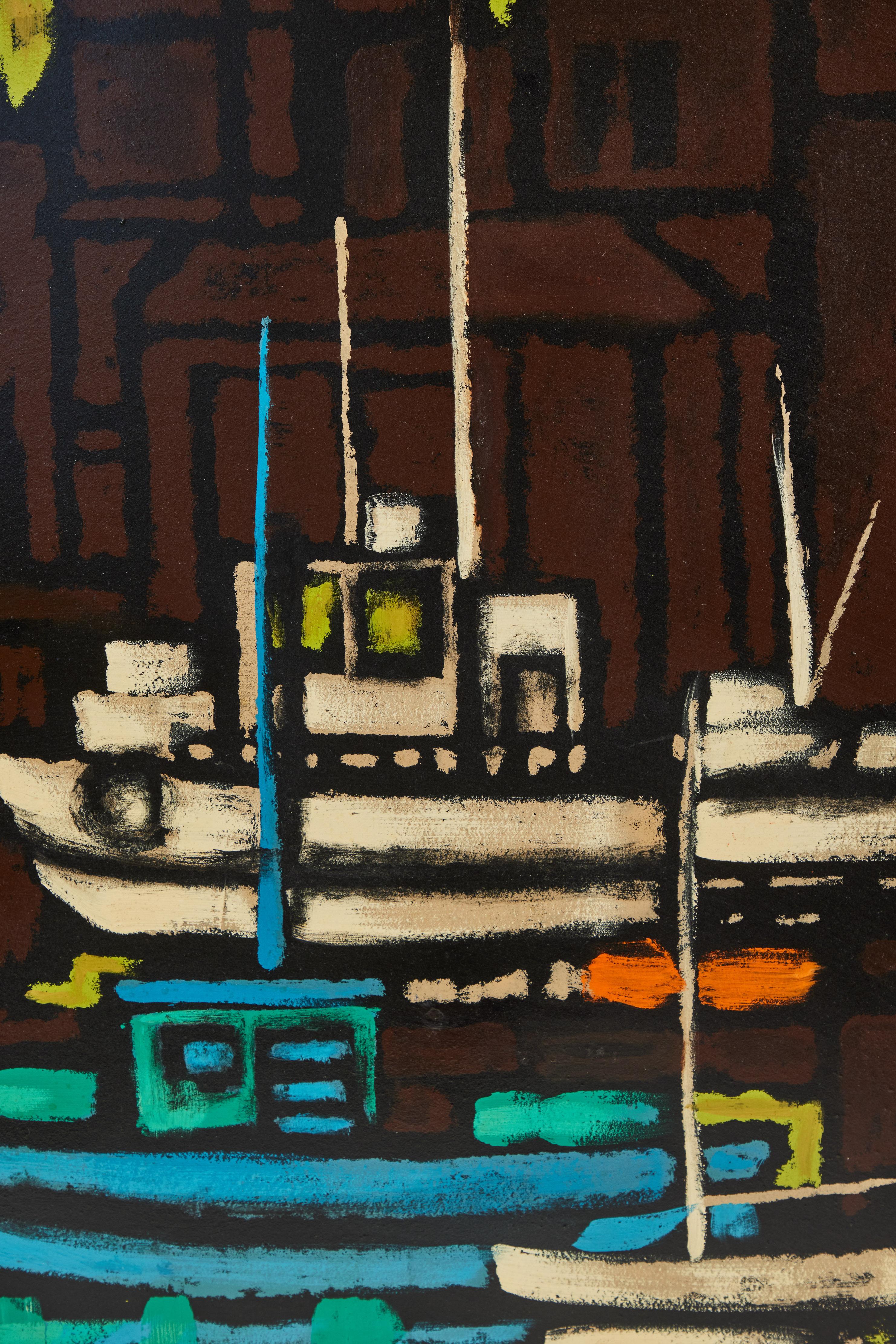 Peinture du milieu du siècle représentant des bateaux dans le port Excellent état - En vente à Pasadena, CA