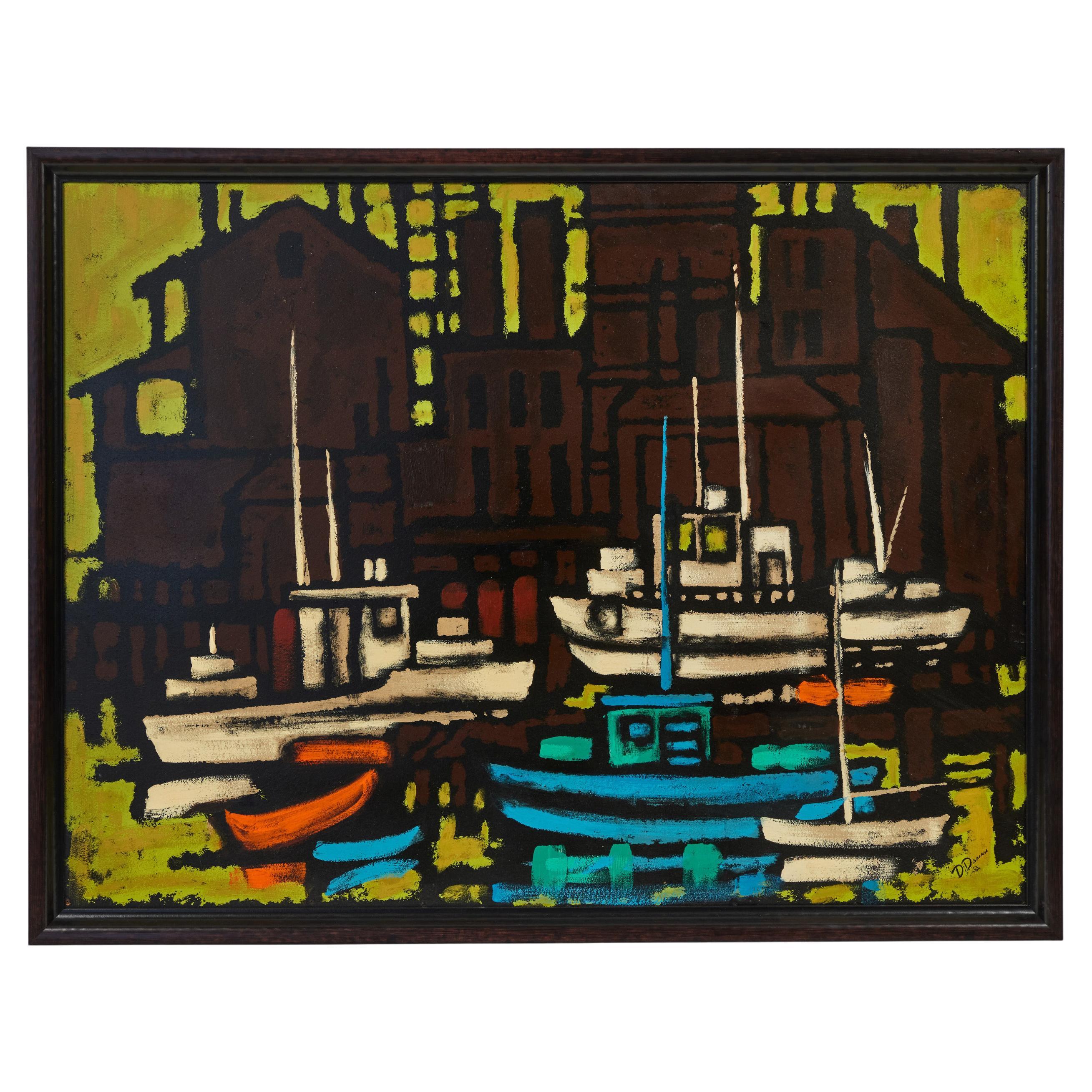 Peinture du milieu du siècle représentant des bateaux dans le port en vente