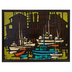 Vintage Mid Century Painting of Boats in the Harbor