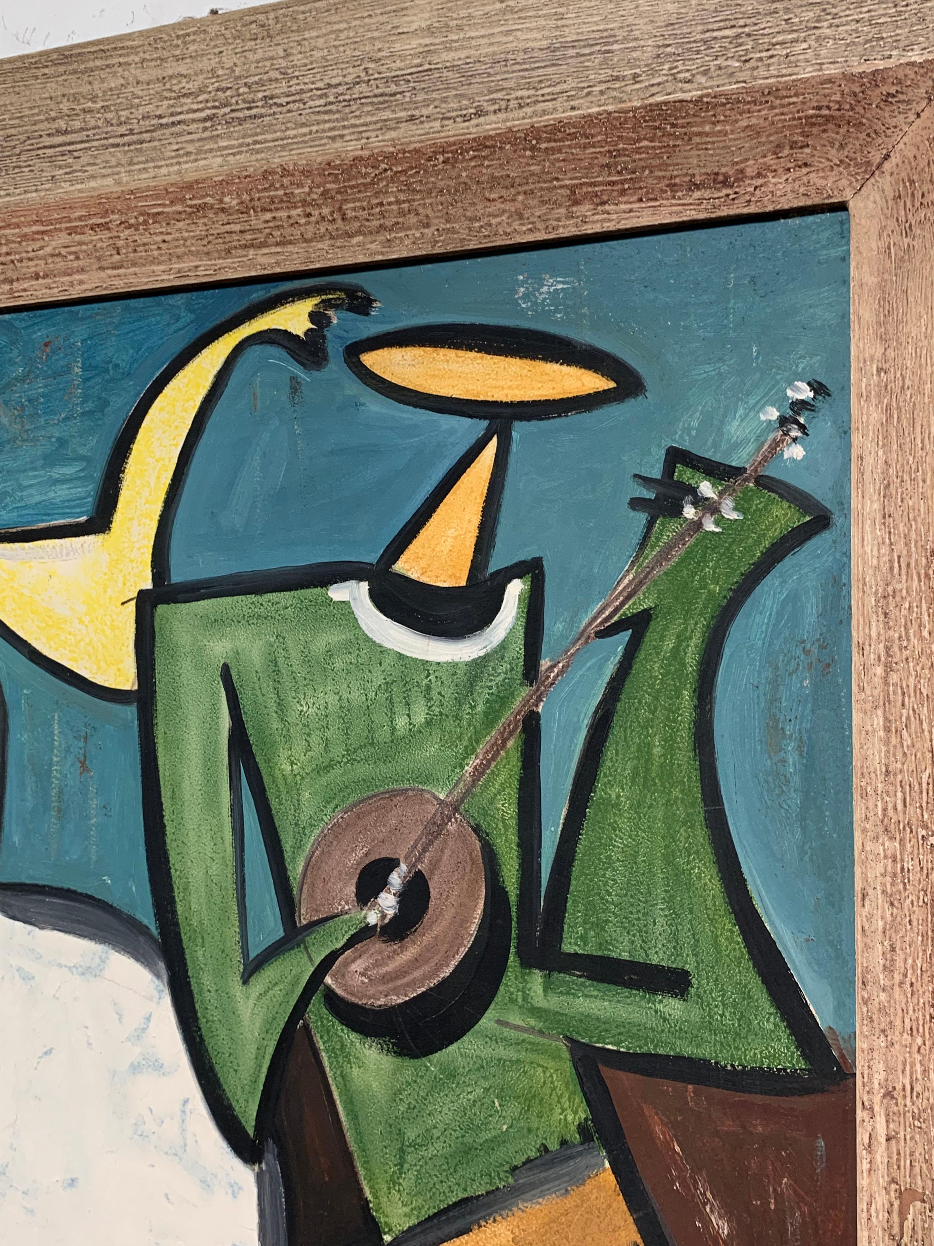 Mid-century painting of cubist dancer and musician in tempura by the Montreal artist Roland Fortier, dated 1962.