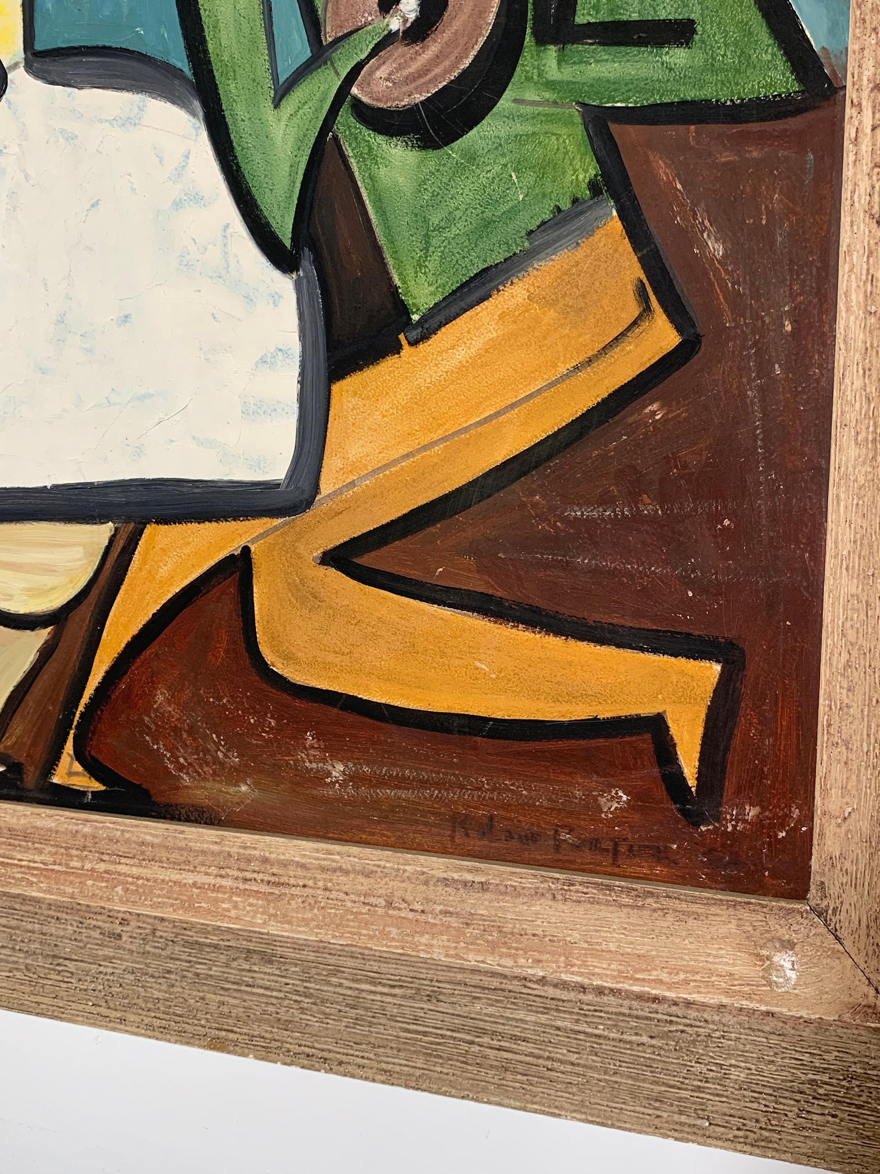 Mid-Century Painting of Cubist Figures by Roland Fortier, D. 1962 In Good Condition In Peabody, MA