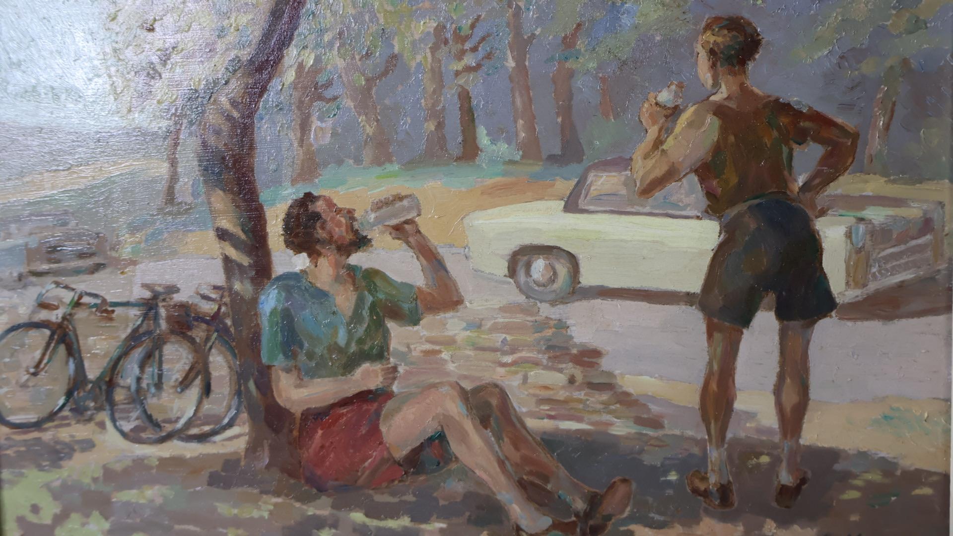 Unglaublich charmantes Öl, das zwei Radfahrer in einem Park zeigt, die sich ausruhen und etwas trinken.
Wunderschön gemalt, voller Charme und in seinem historischen Rahmen.
Signiert unten rechts A Moltoy.