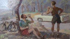 Mid Century Painting Of Cyclists In Regents Park London