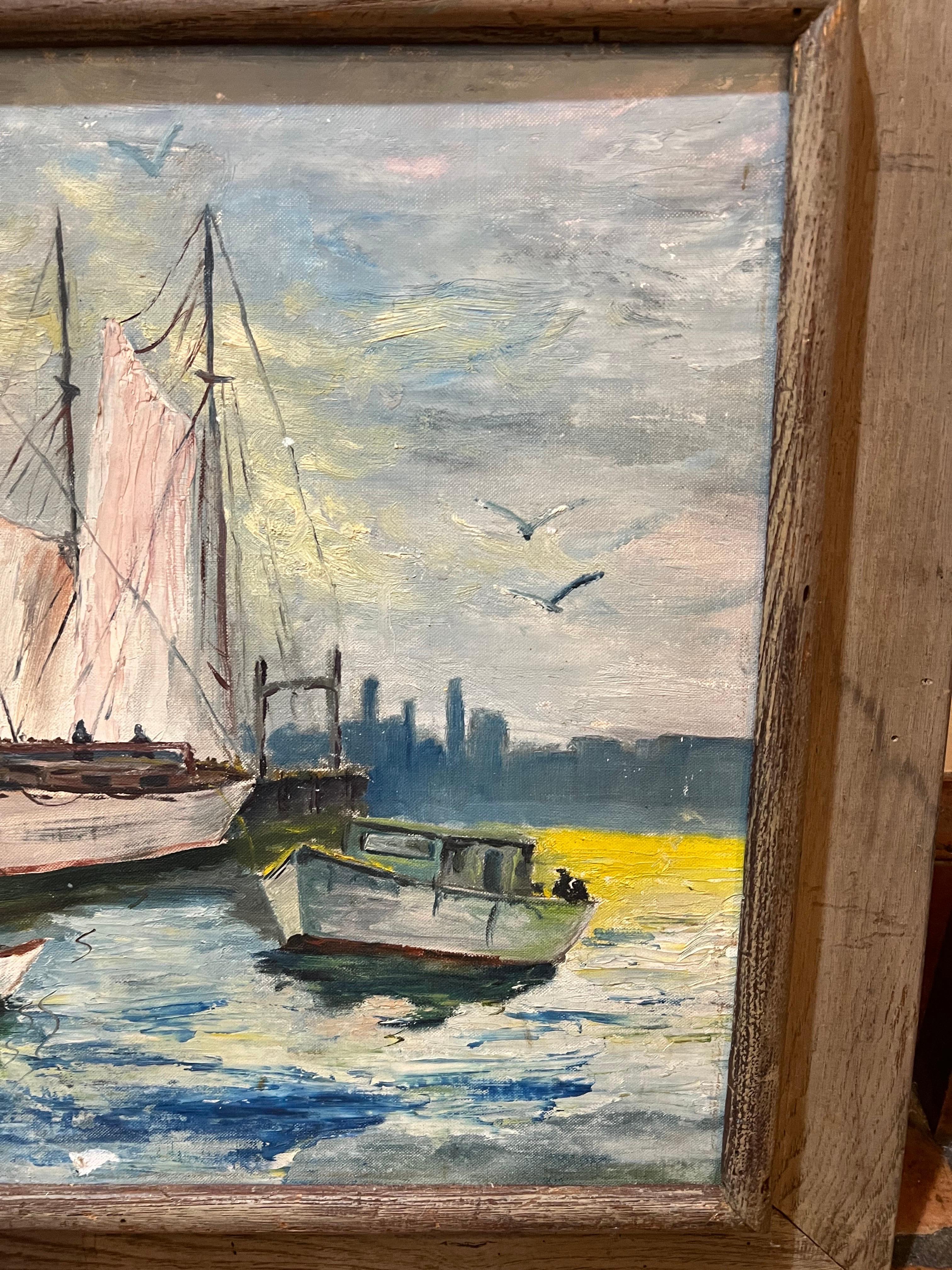 Peinture du milieu du siècle dernier représentant des voiliers dans un port en vente 4