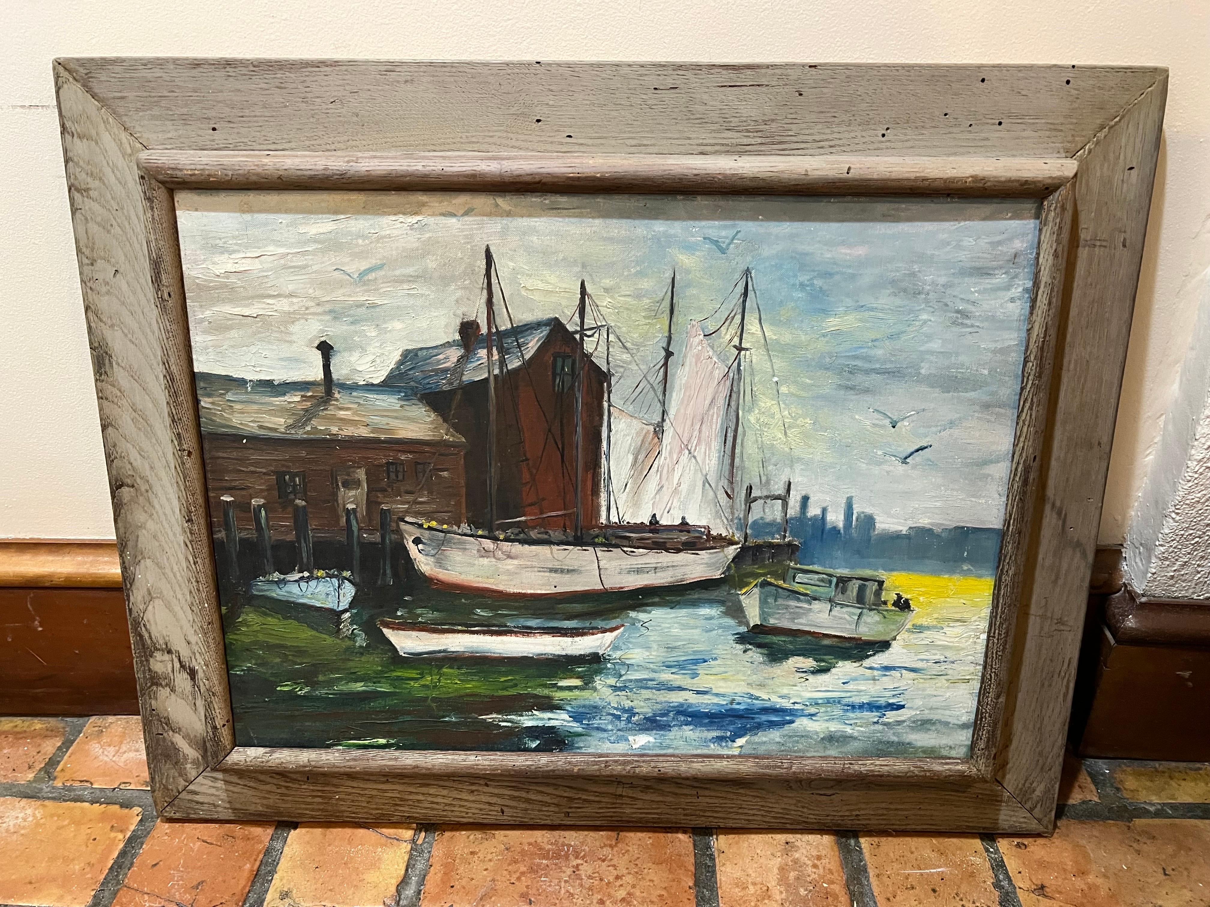 Mid Century Painting of boats in Harbor. Framed in a mid century driftwood color frame. This item can ship parcel domestically for $49.