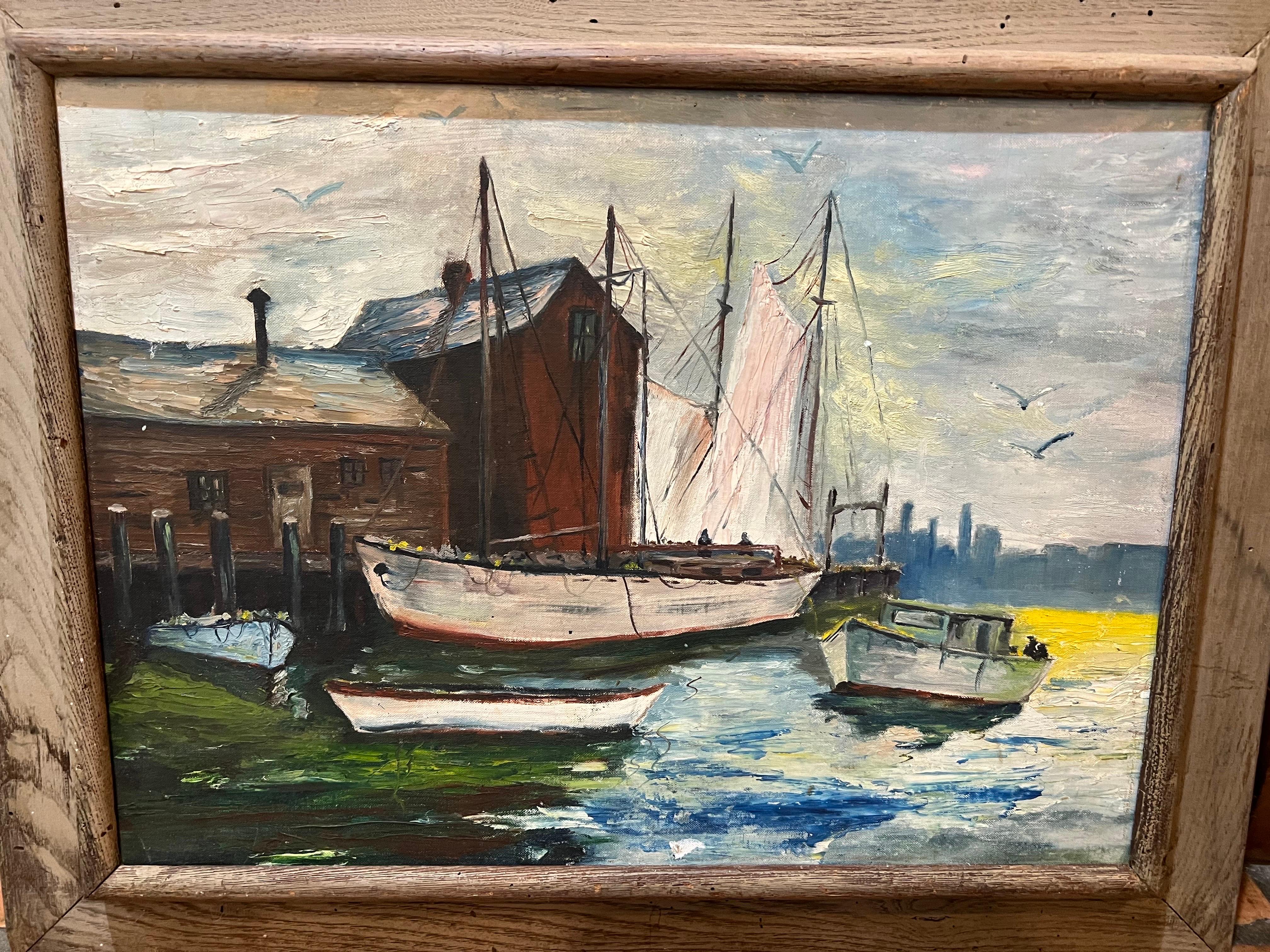 Mid-Century Modern Peinture du milieu du siècle dernier représentant des voiliers dans un port en vente