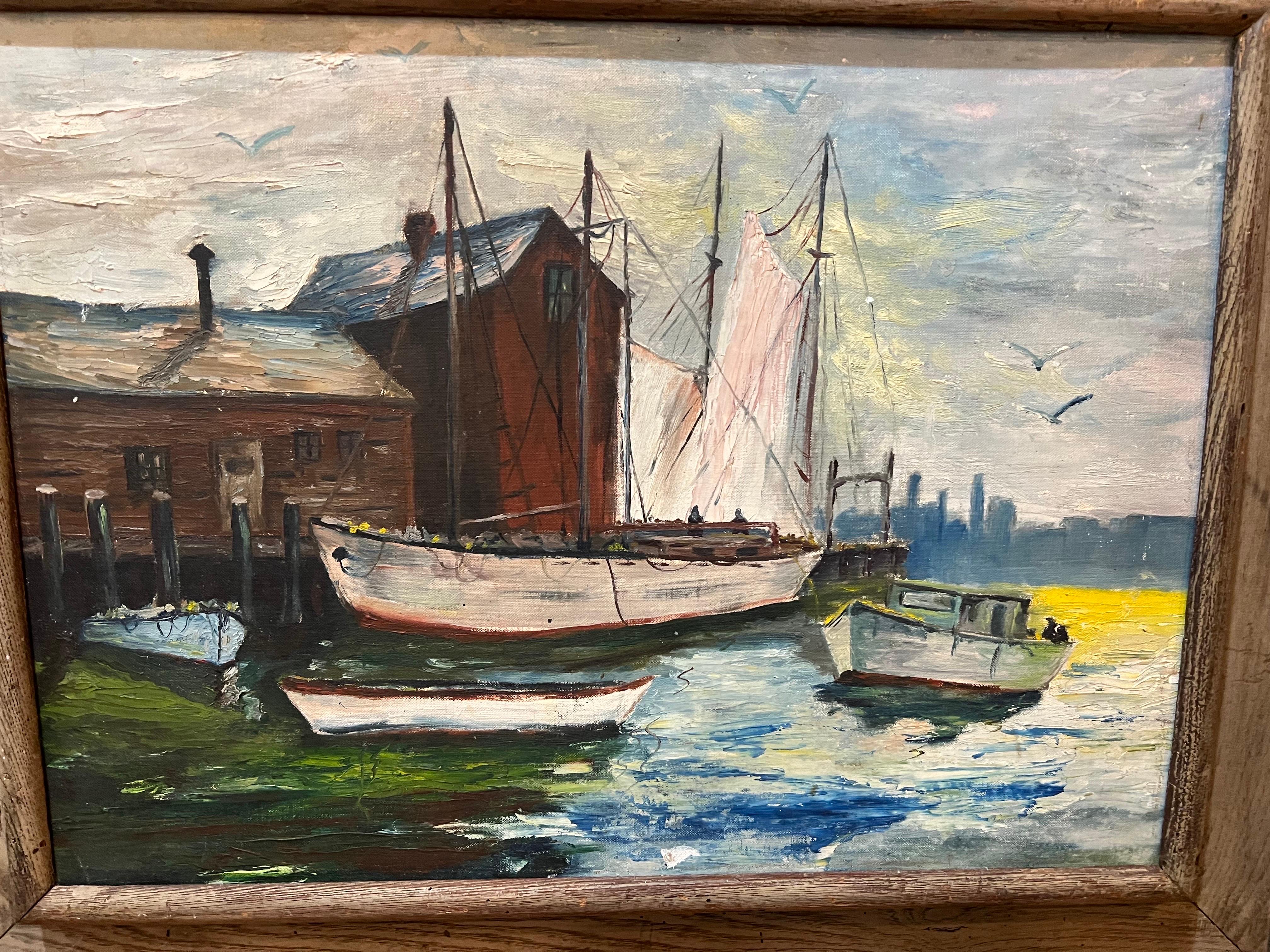 Peinture du milieu du siècle dernier représentant des voiliers dans un port Bon état - En vente à Redding, CT