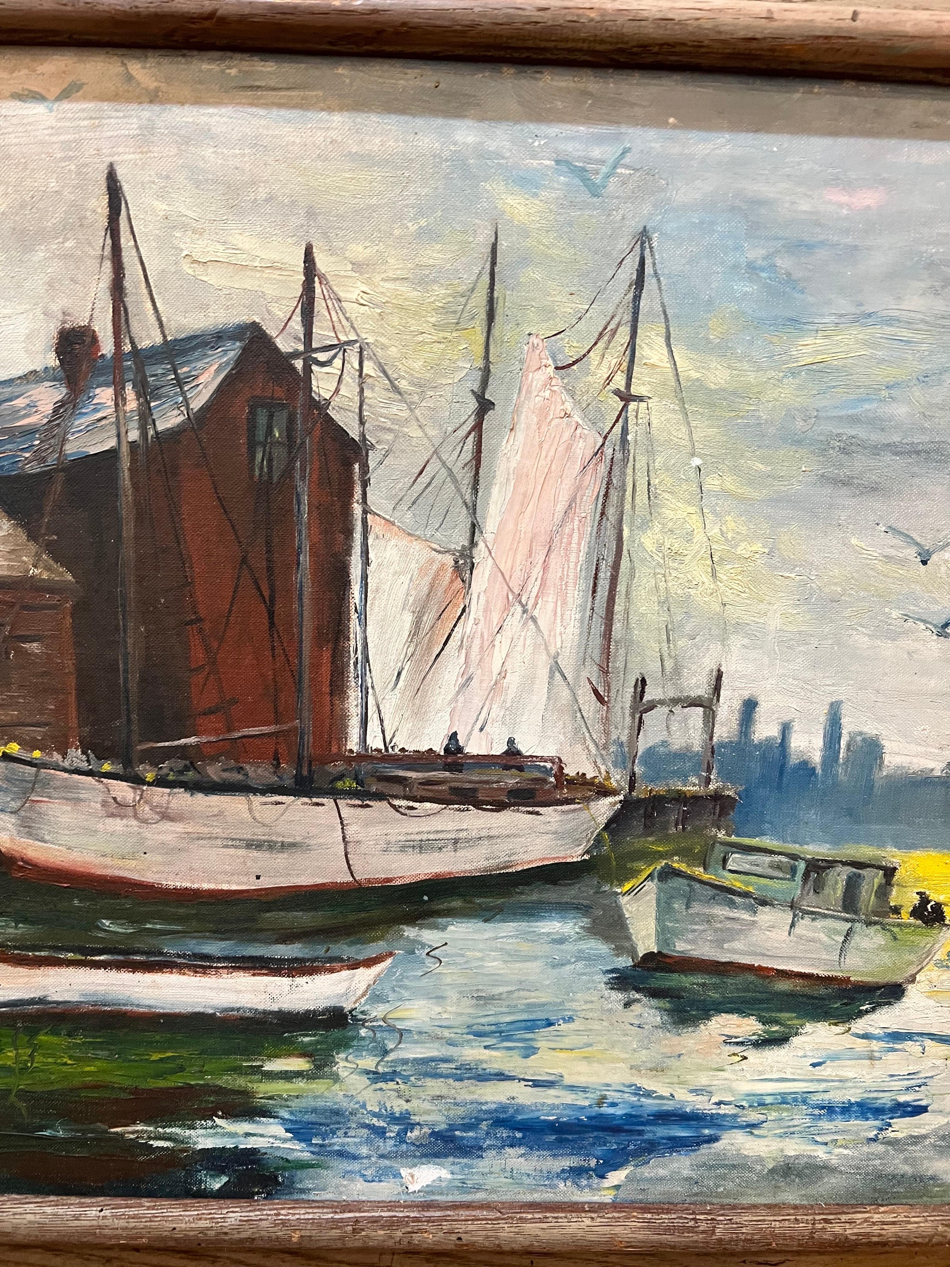 20ième siècle Peinture du milieu du siècle dernier représentant des voiliers dans un port en vente