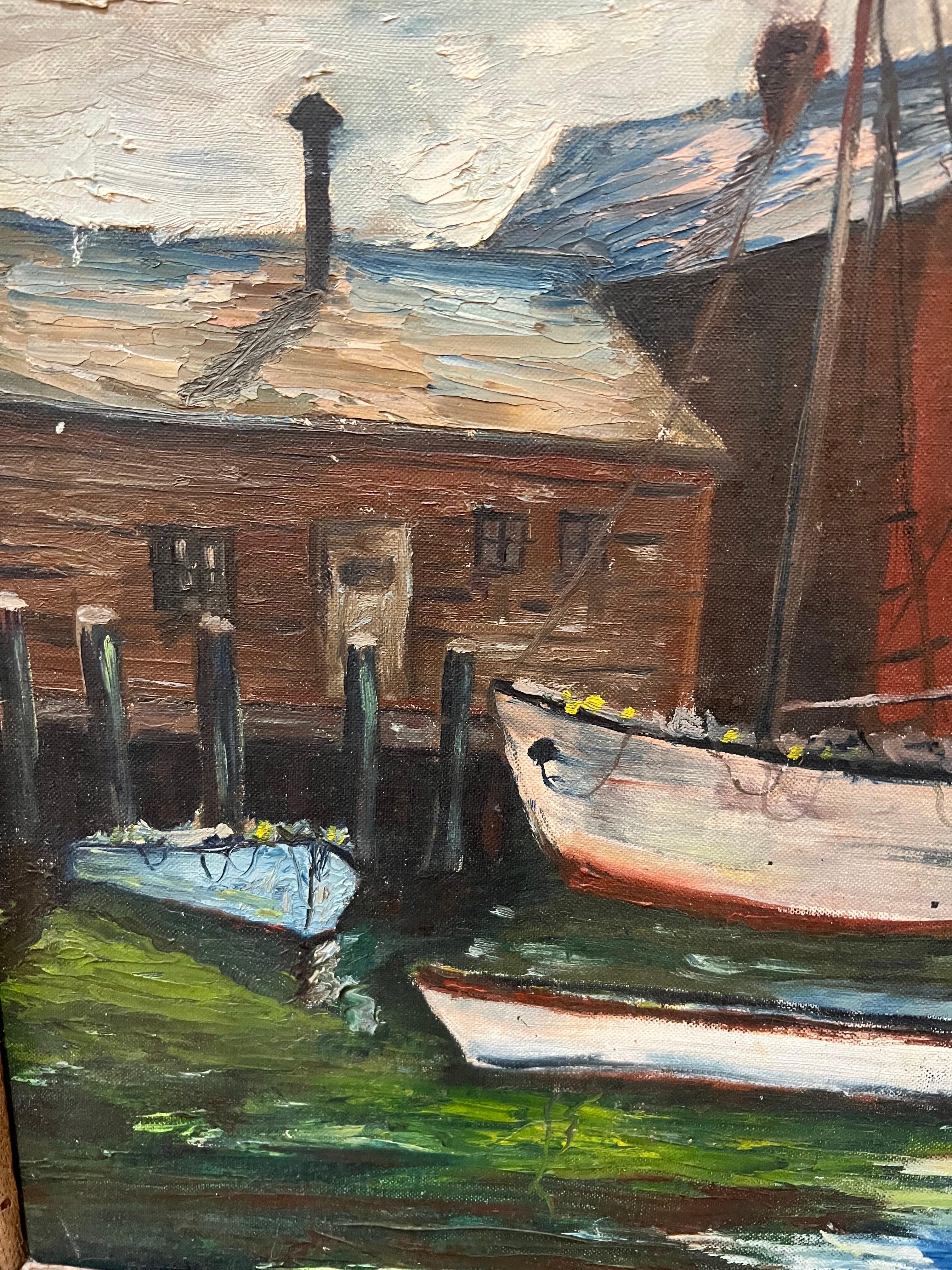 Wood Mid Century Painting of Sailboats in Harbor For Sale