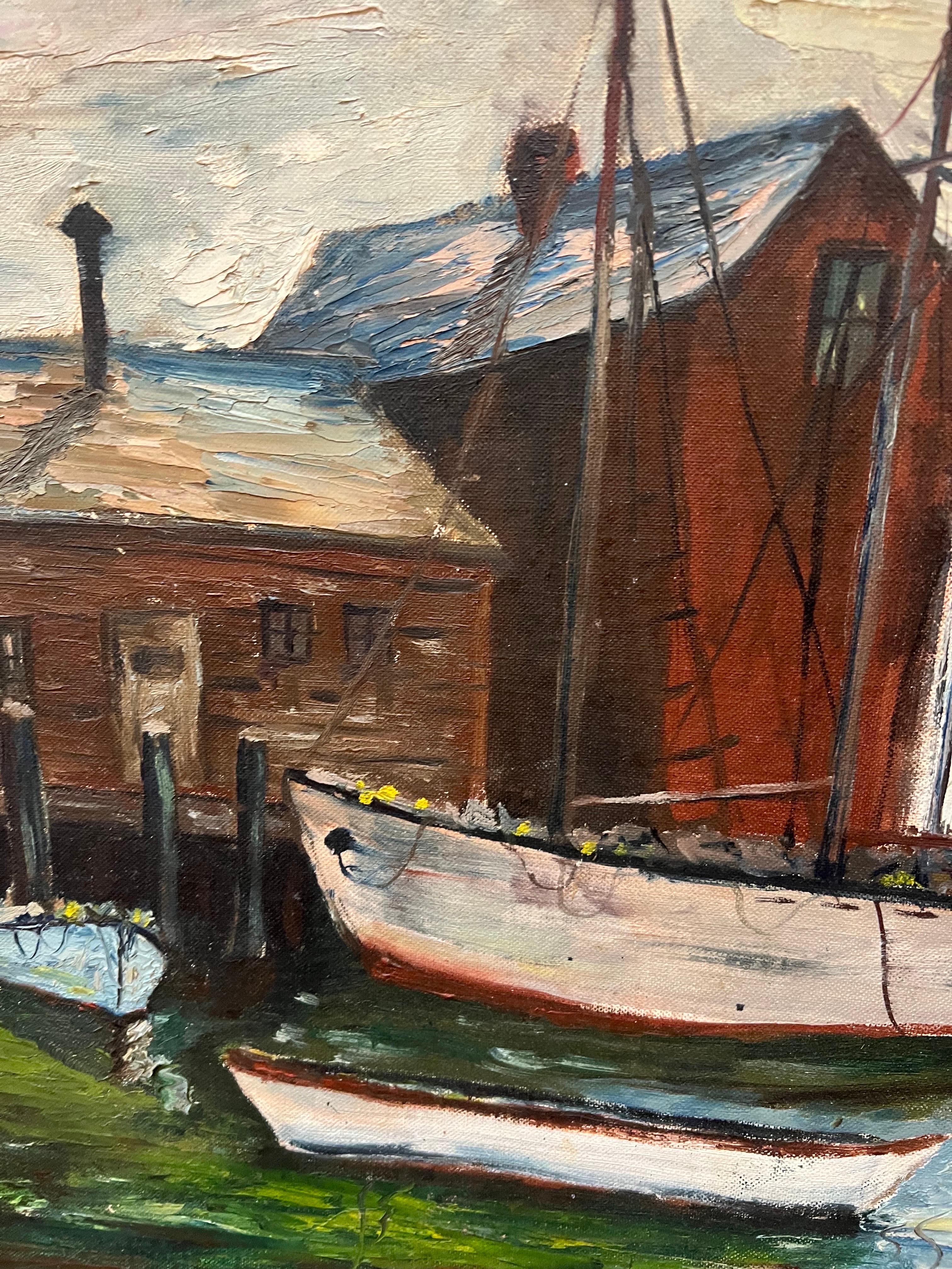 Peinture du milieu du siècle dernier représentant des voiliers dans un port en vente 1