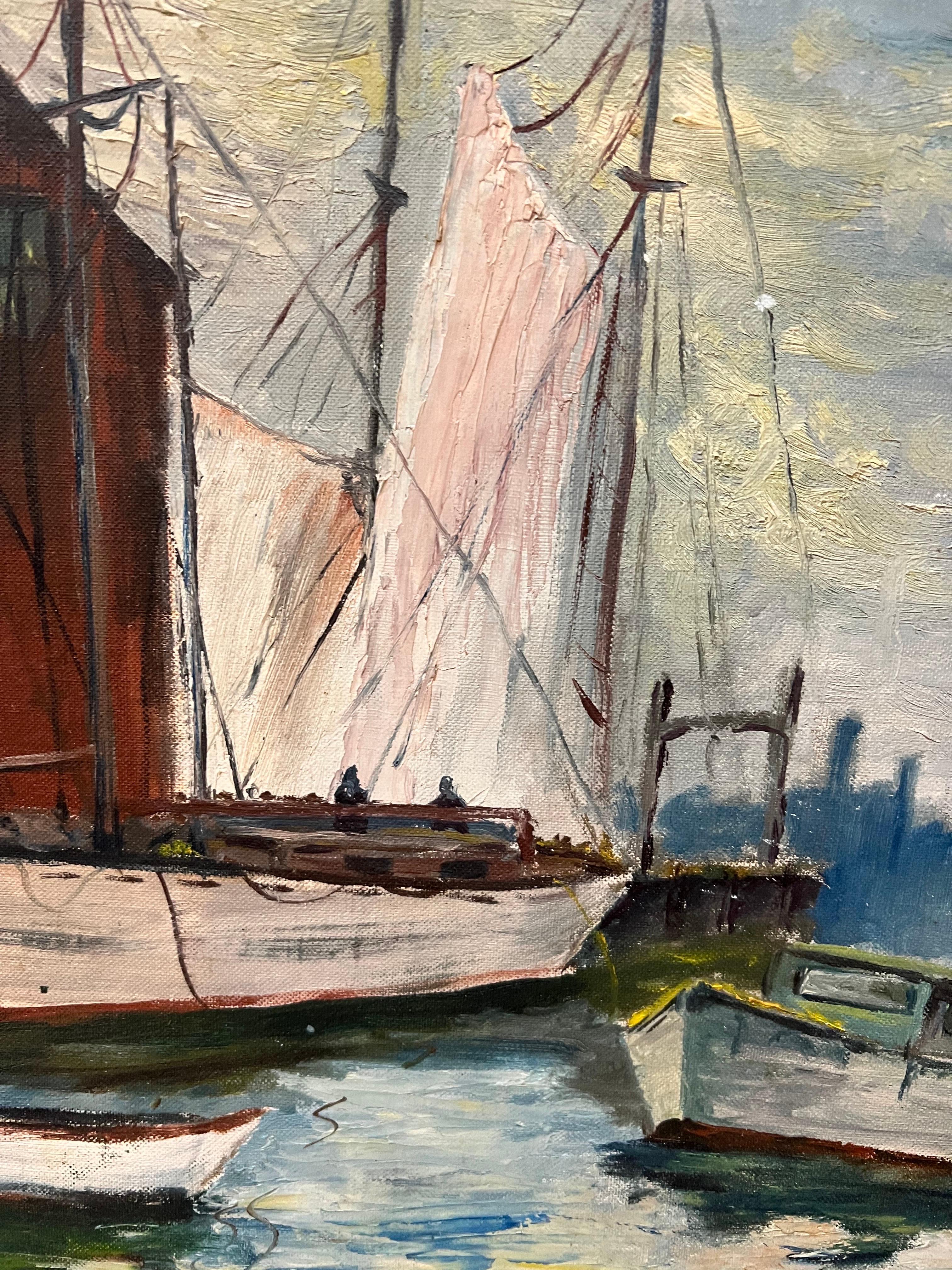 Peinture du milieu du siècle dernier représentant des voiliers dans un port en vente 2