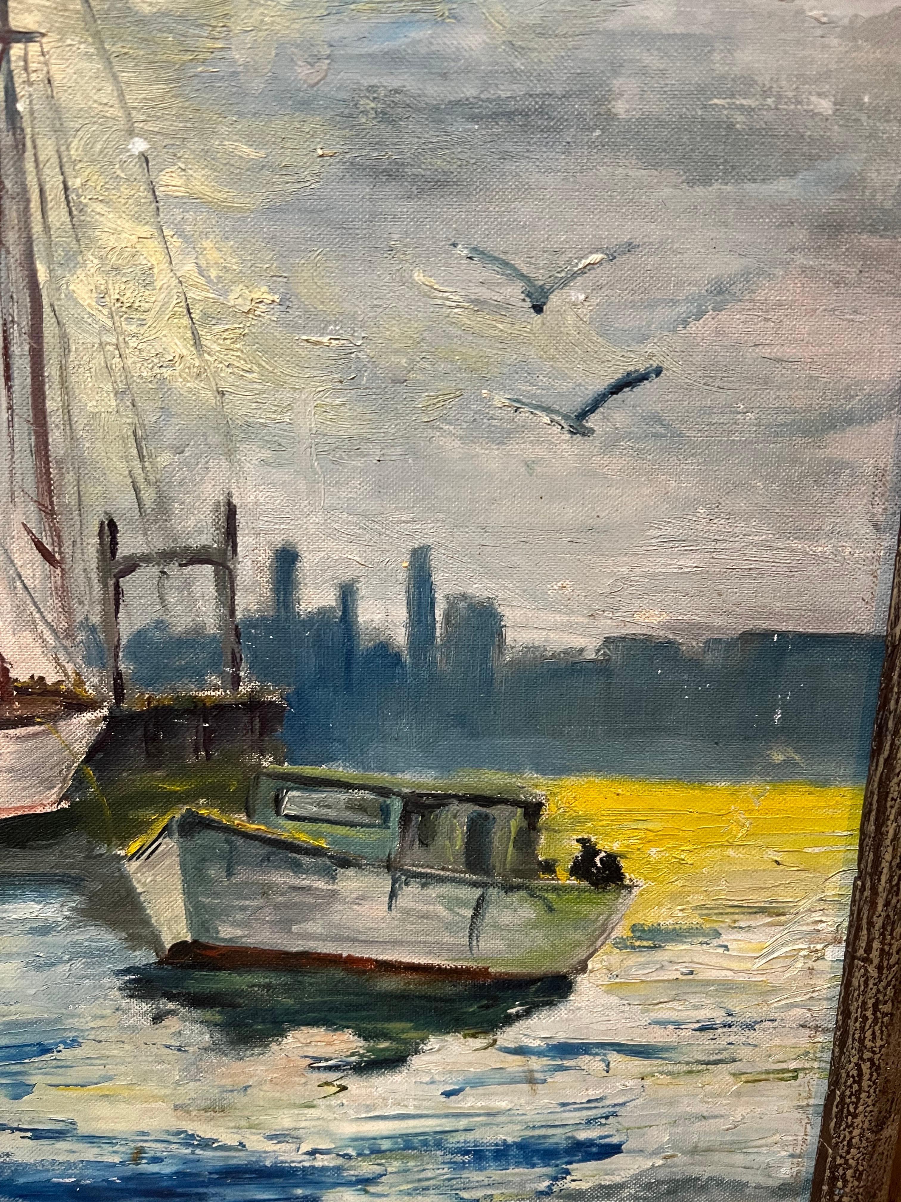 Peinture du milieu du siècle dernier représentant des voiliers dans un port en vente 3