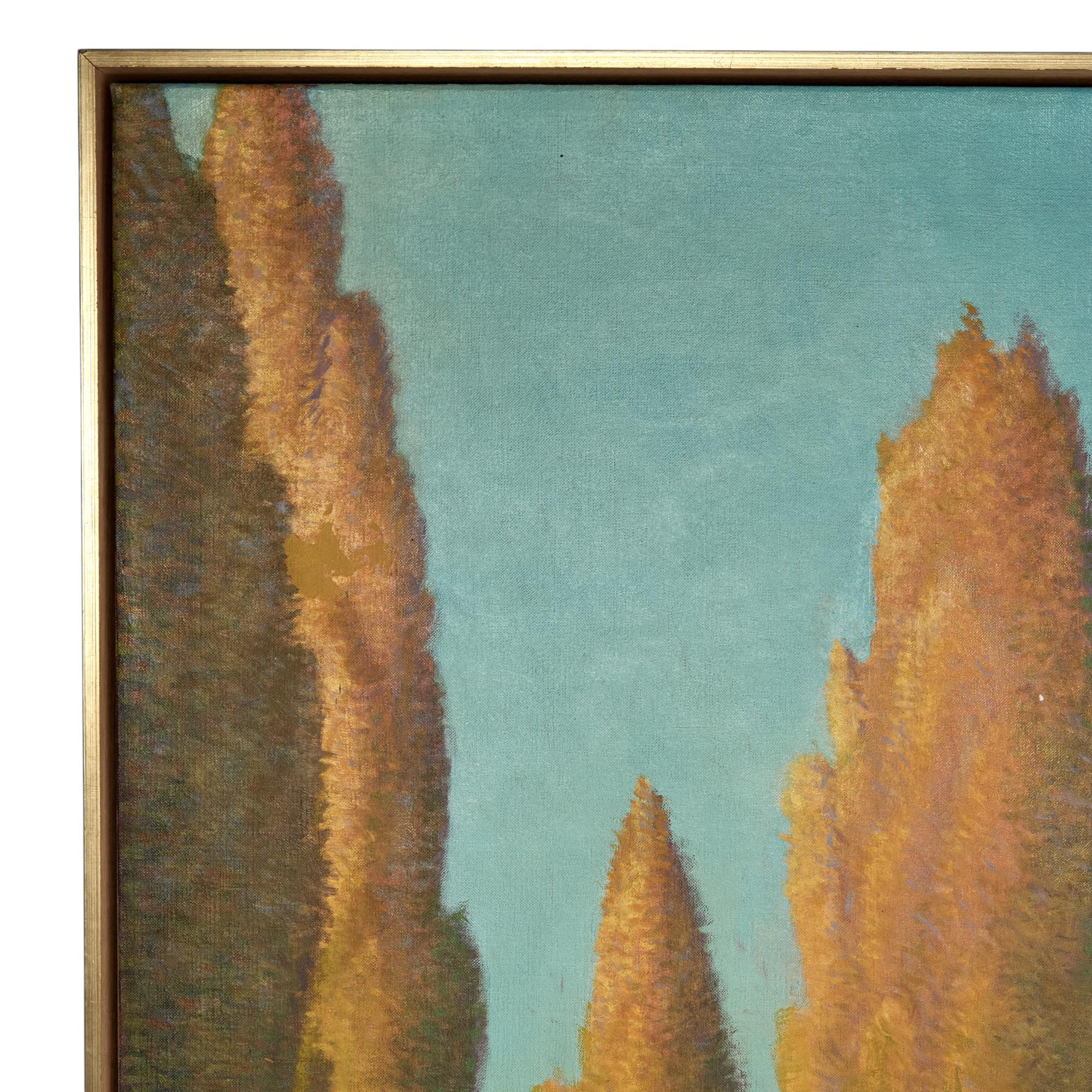 Transporting oil painting on canvas of a church with trees on a sunny day, executed in a bold modernist style, signed Ferdinand Burgdorff 1964 in the lower left, titled Tree Lined Chapel and presented in a wood frame with gilt highlights.
