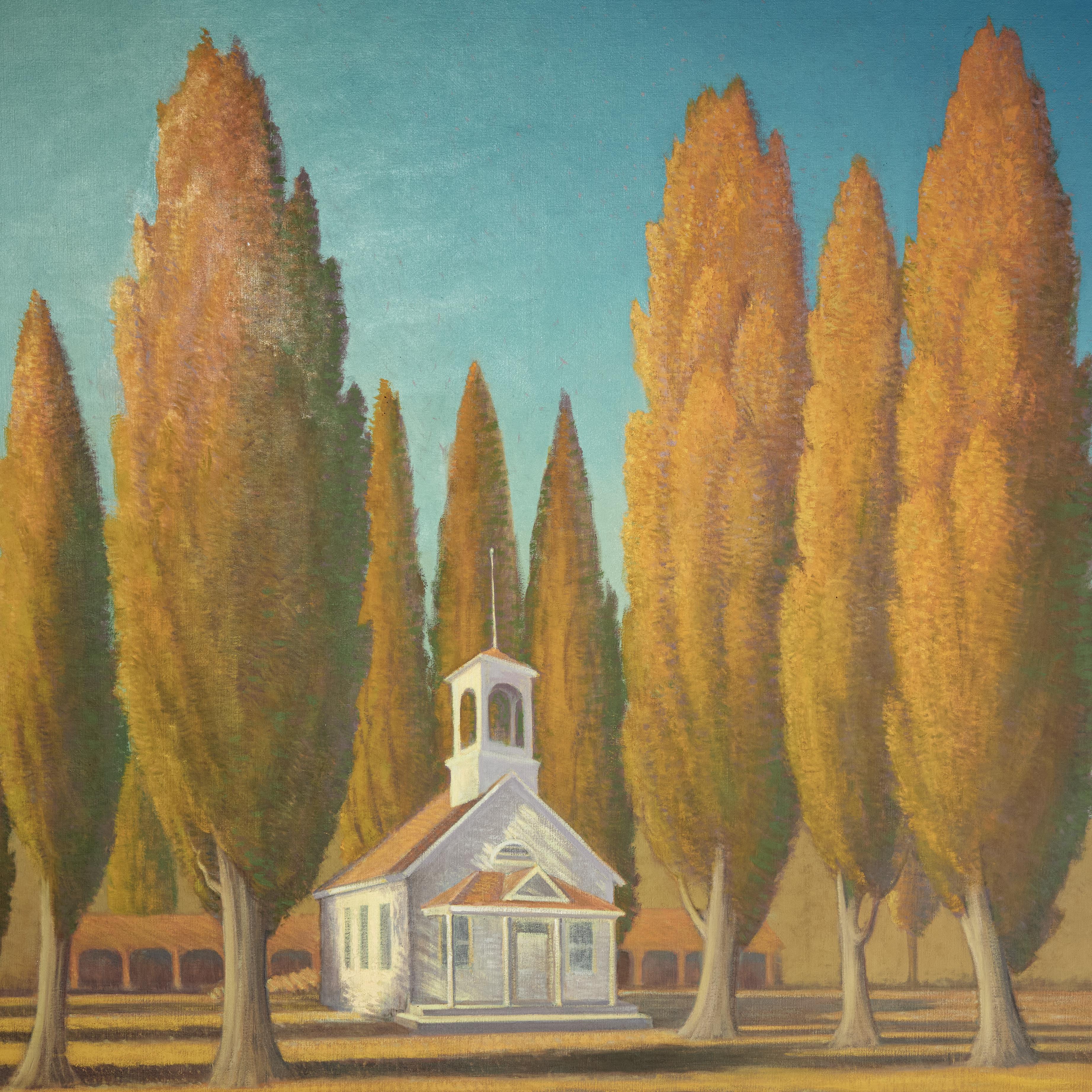 Mid-Century Modern Mid Century Painting of Trees and a Chapel By Ferdinand Burgdorff For Sale