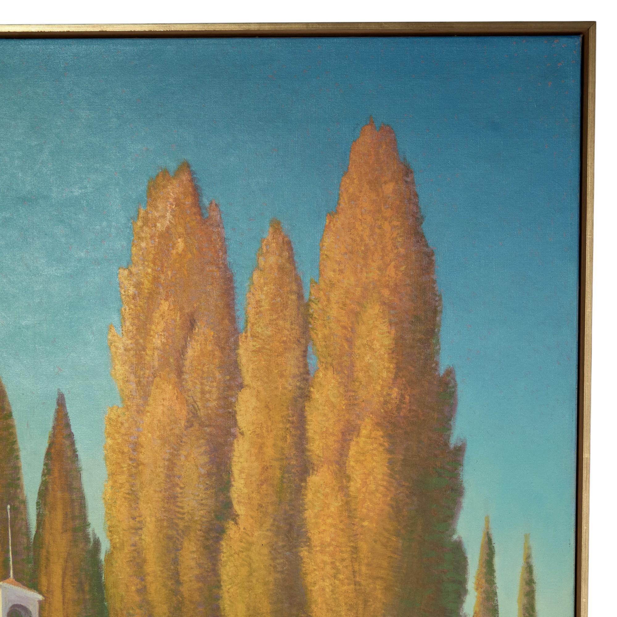 American Mid Century Painting of Trees and a Chapel By Ferdinand Burgdorff For Sale
