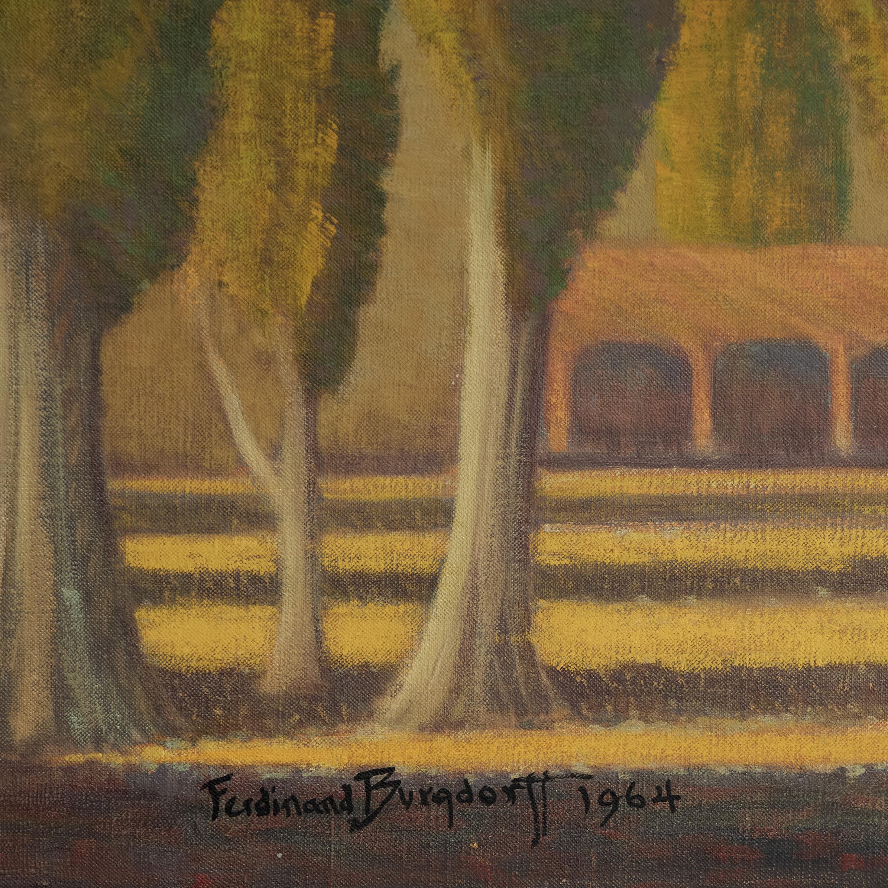 Hand-Painted Mid Century Painting of Trees and a Chapel By Ferdinand Burgdorff For Sale