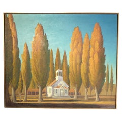 Quadro di metà secolo con alberi e una cappella di Ferdinand Burgdorff