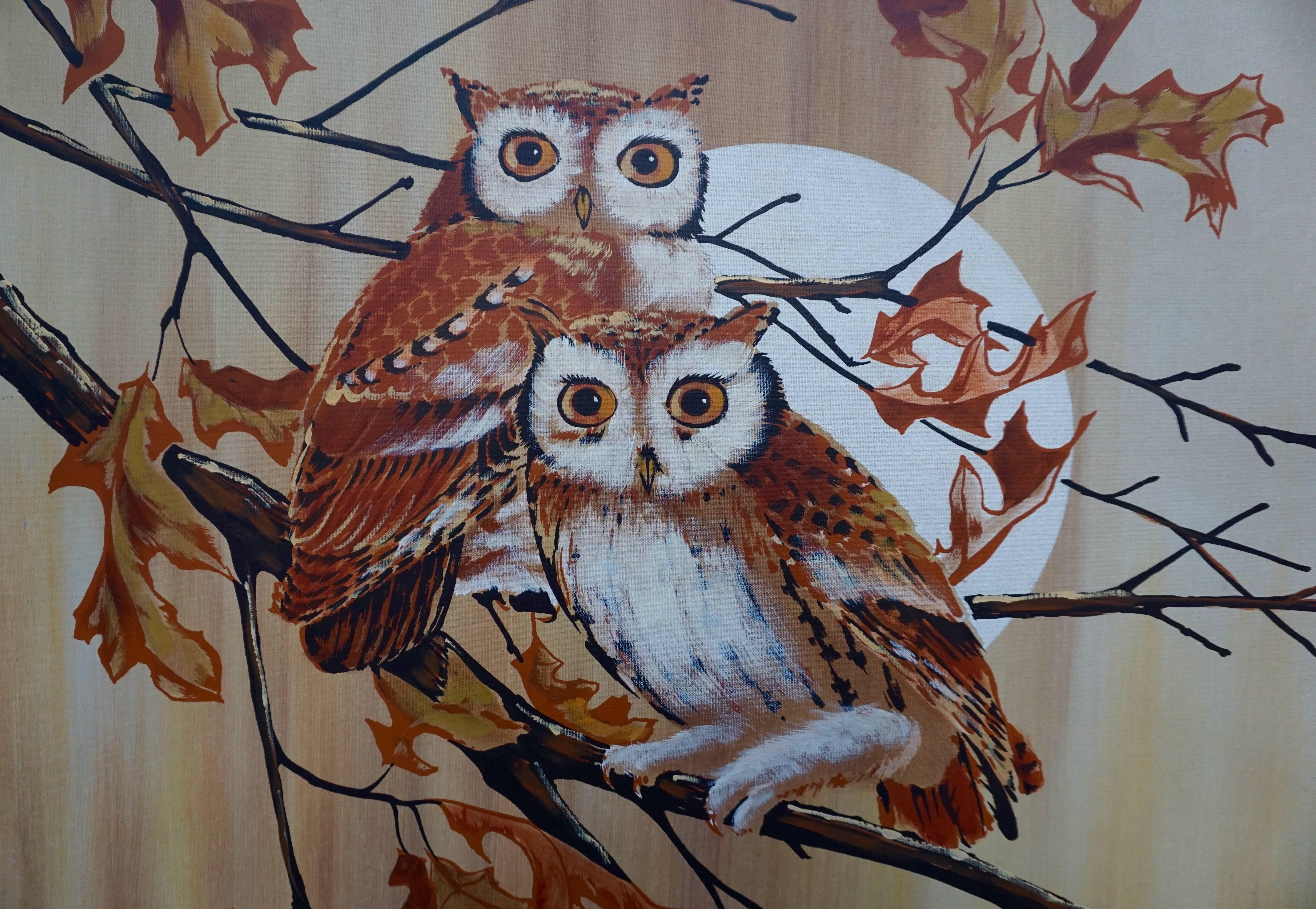 Midcentury painting depicts a pair of owls perched on a tree branch. 
Signature unknown.
Width 95 cm.
height 95 cm.