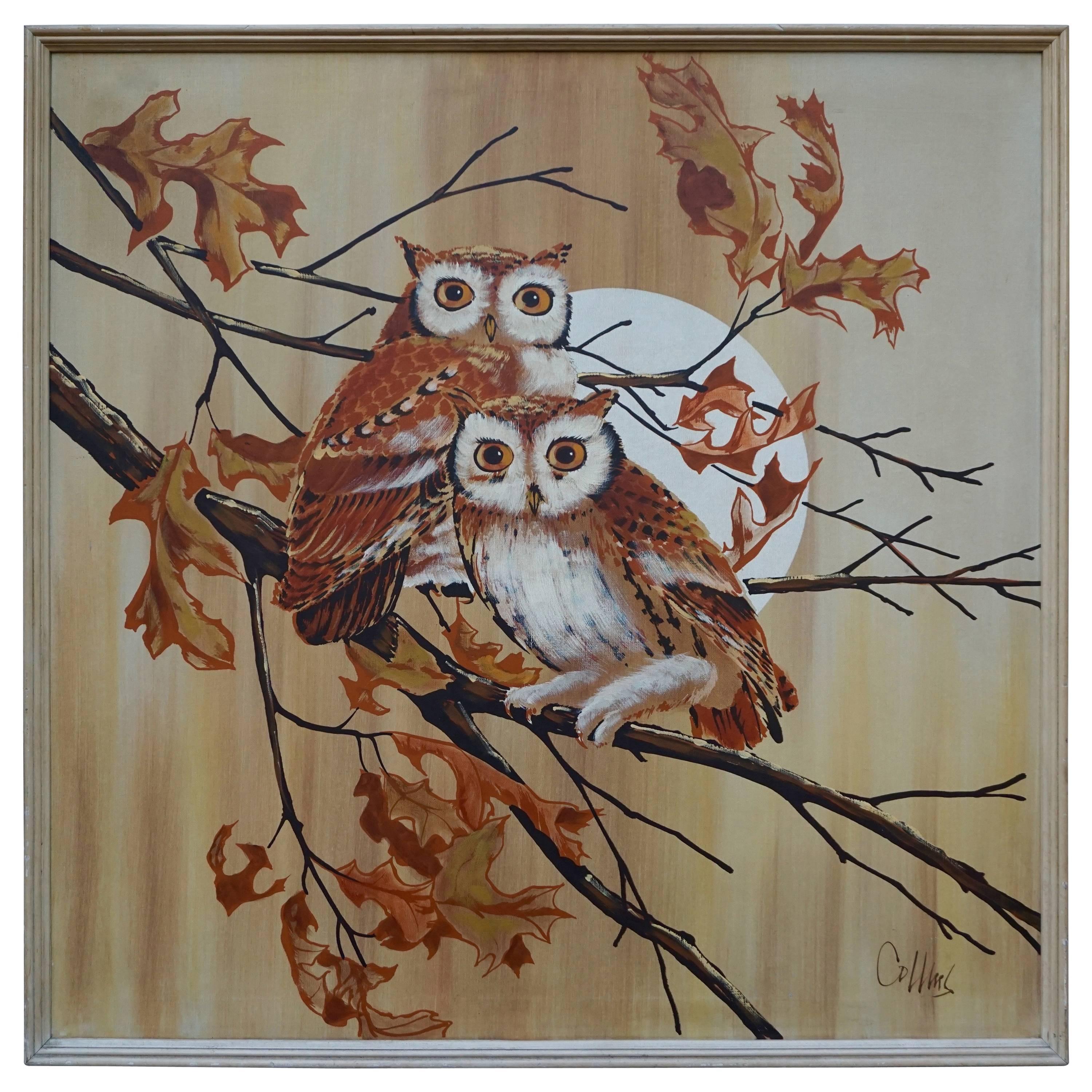 Midcentury Painting of Two Owls