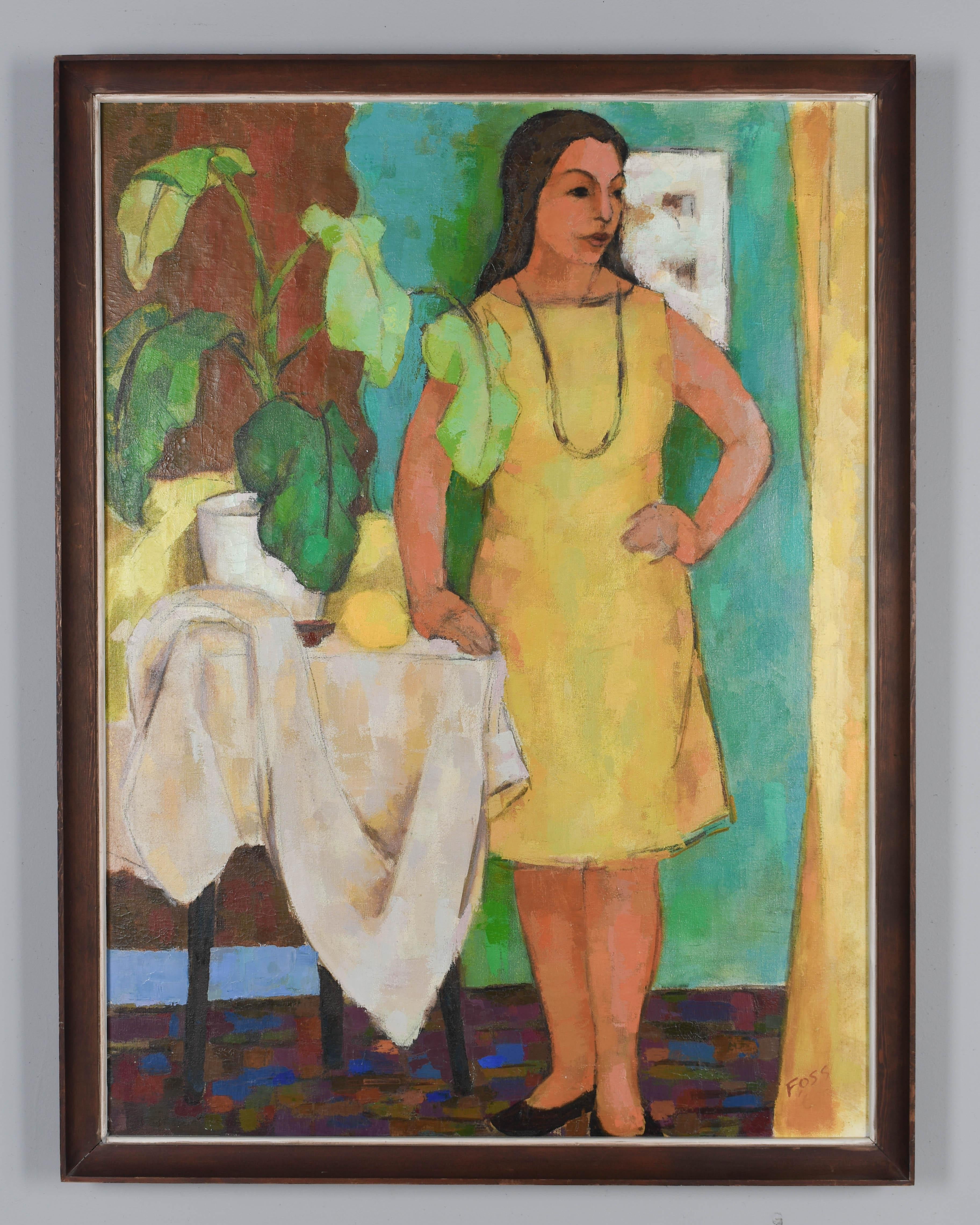 A large Mid Century Modern figurative painting of a woman in a yellow dress leaning on a table with a potted palm plant against a bright green wall. Bold image with vibrant color in the style of Paul Gauguin. Unknown artist. Signed lower right: Foss