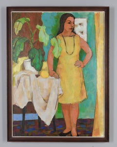 Mid Century Painting of Woman in a Yellow Dress Signed Foss