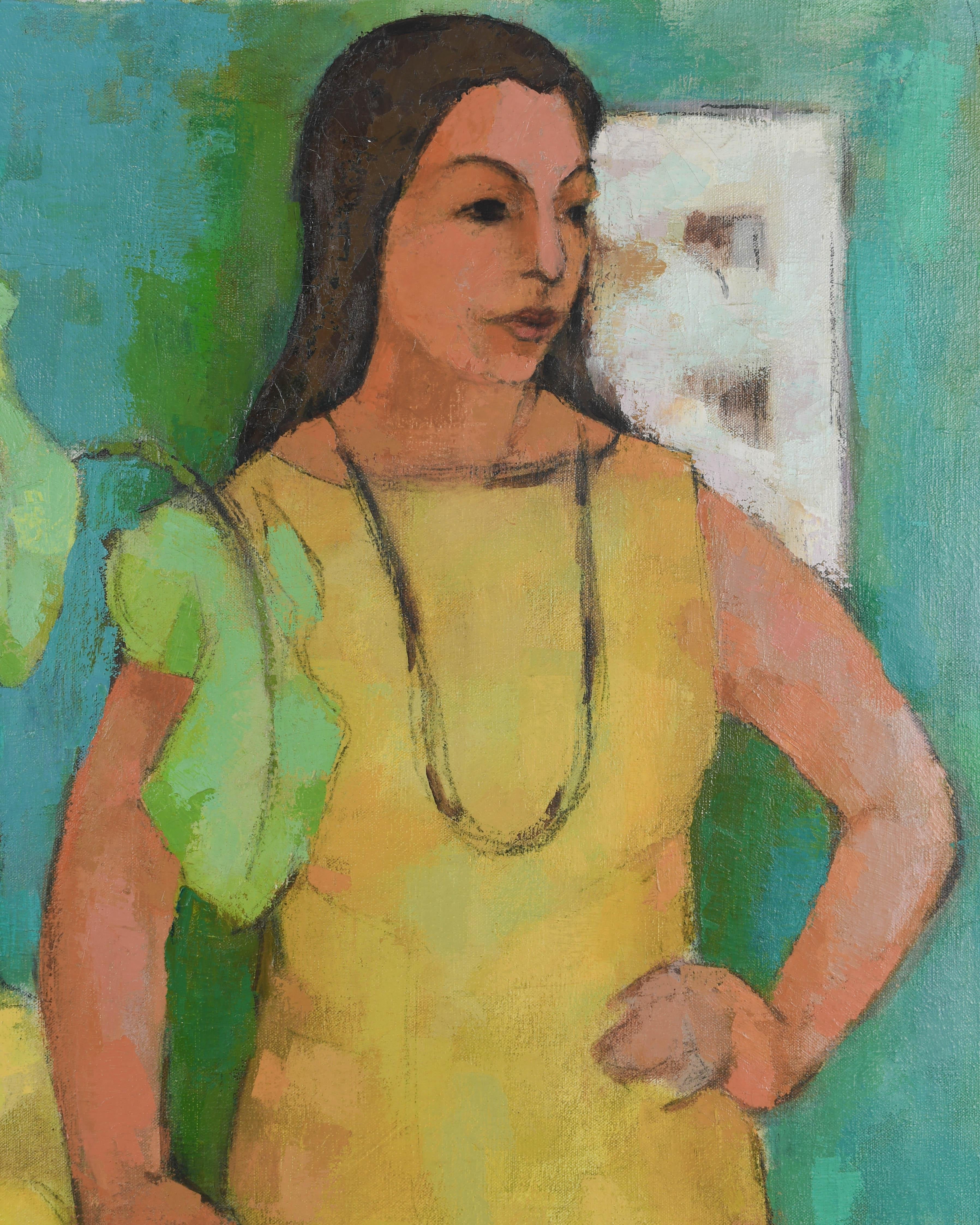 Mid-Century Modern Mid Century Painting of Woman in a Yellow Dress Signed Foss For Sale