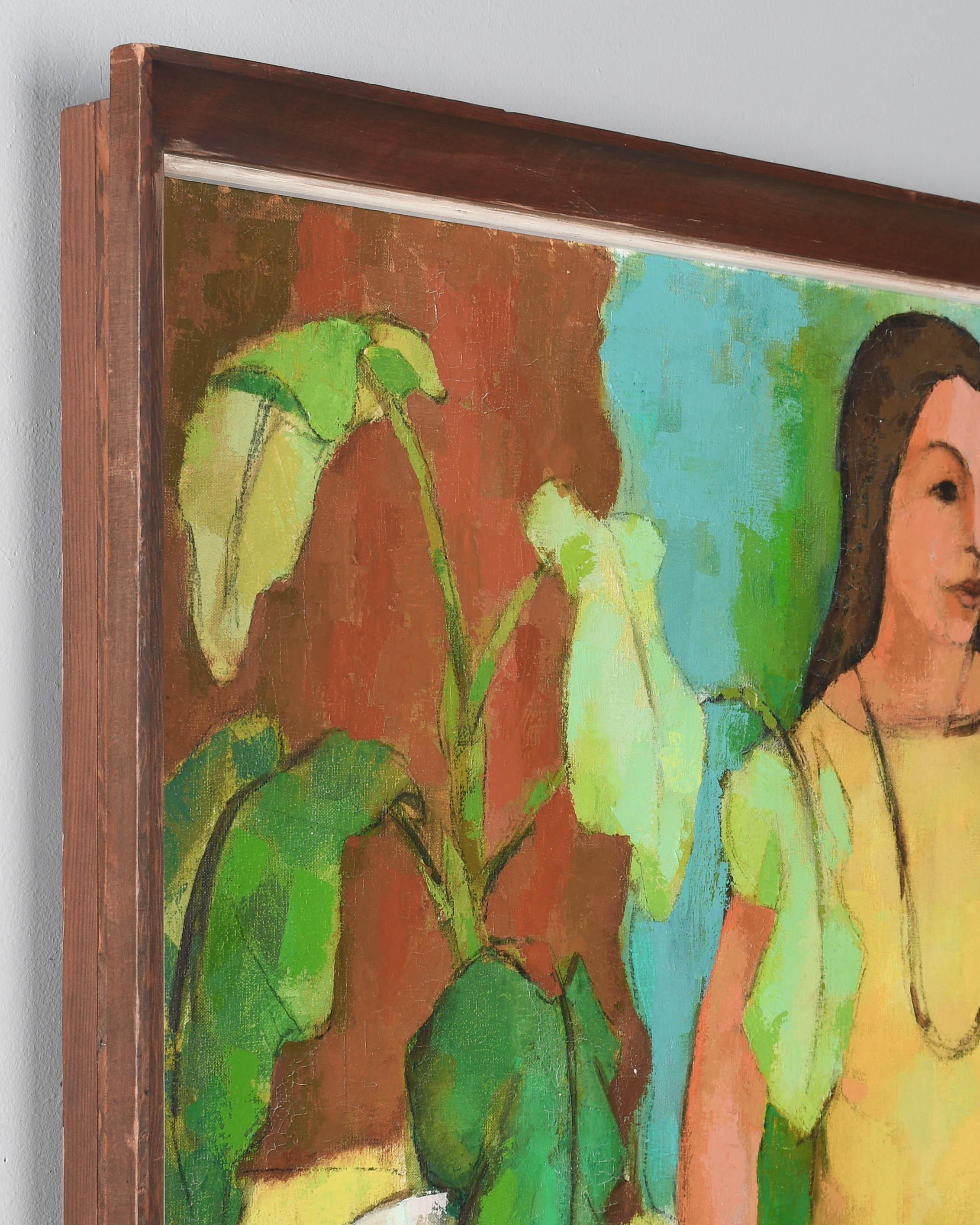 Hand-Crafted Mid Century Painting of Woman in a Yellow Dress Signed Foss For Sale